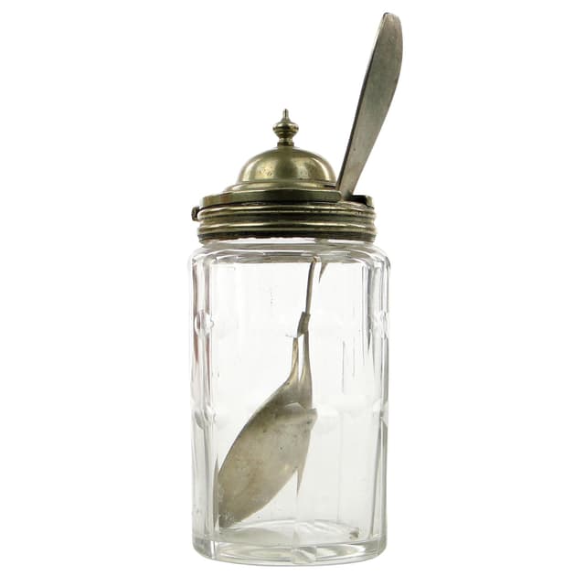 Musztardnica Biedermeier, kryształ, mosiądz srebrzony, Niemcy, lata 30. - WYMIARY