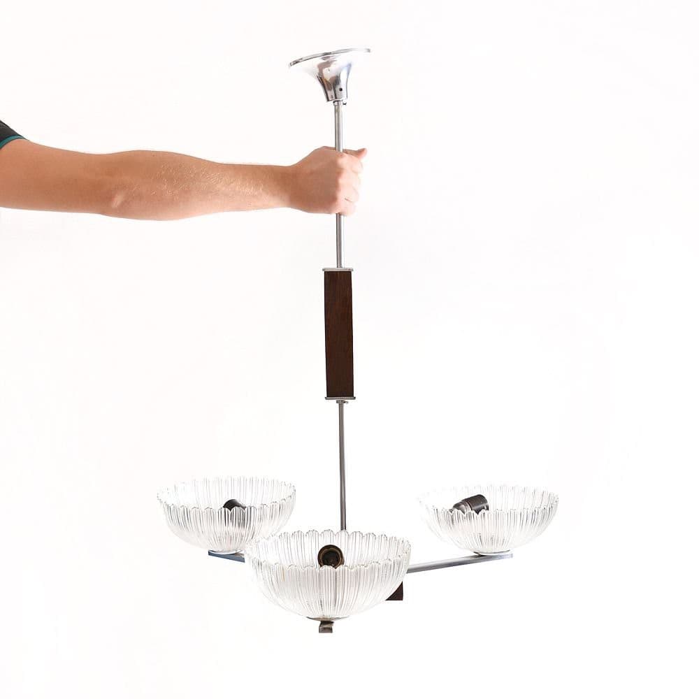 Lampa sufitowa Art déco, szkło transparentne, stal chrom, drewno, Czechosłowacja, lata 50. - 102406