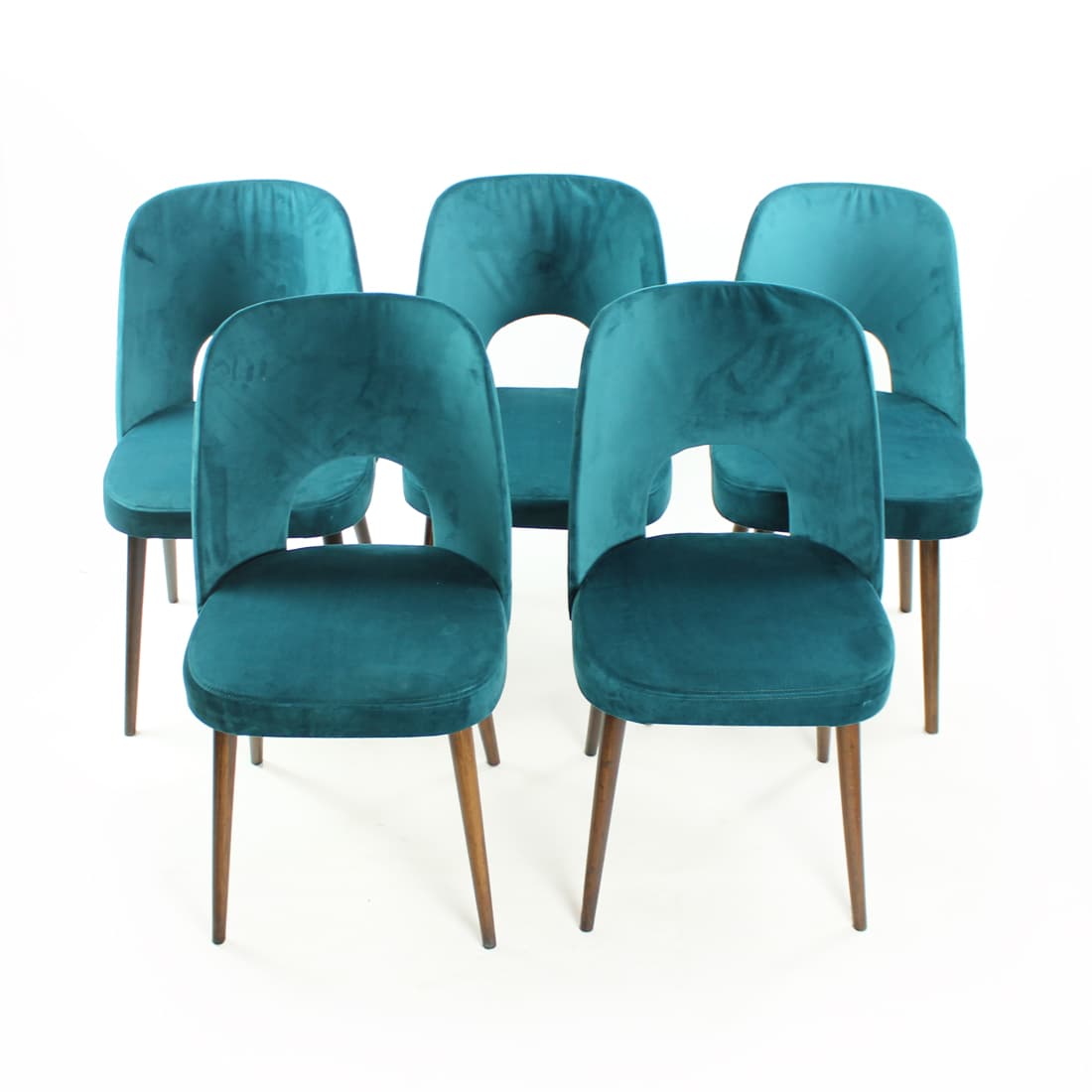 Set of five dining chairs, turquoise velvet, by O. Haerdtl, TON, Czechoslovakia, 1960s. - 102442