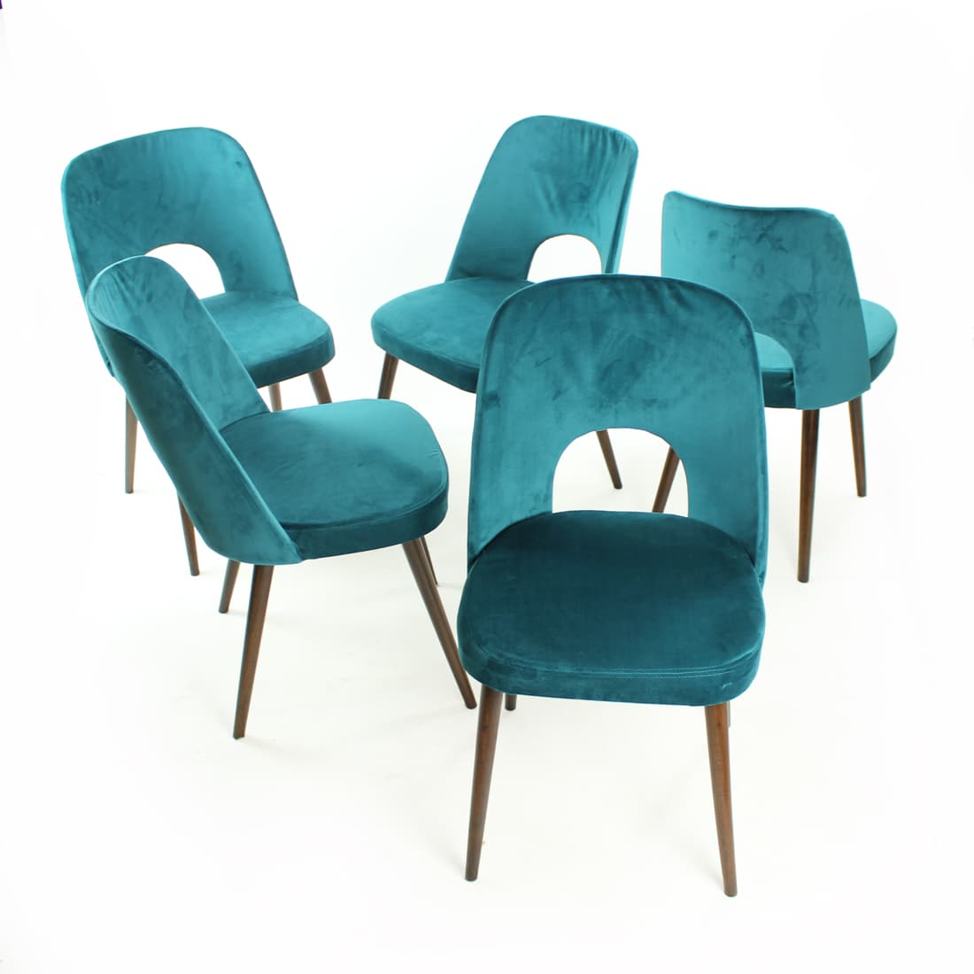 Set of five dining chairs, turquoise velvet, by O. Haerdtl, TON, Czechoslovakia, 1960s. - 102441