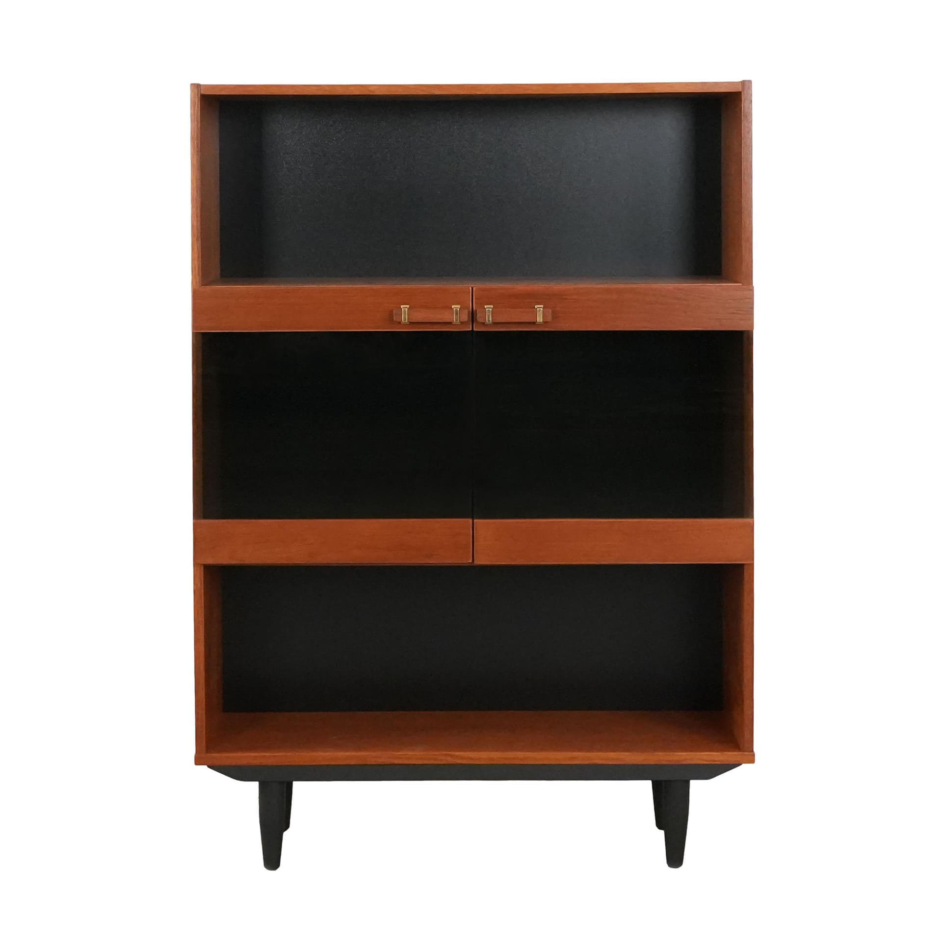 Witryna, teak brązowy, drewno czarne, szkło, Dania, lata 70.