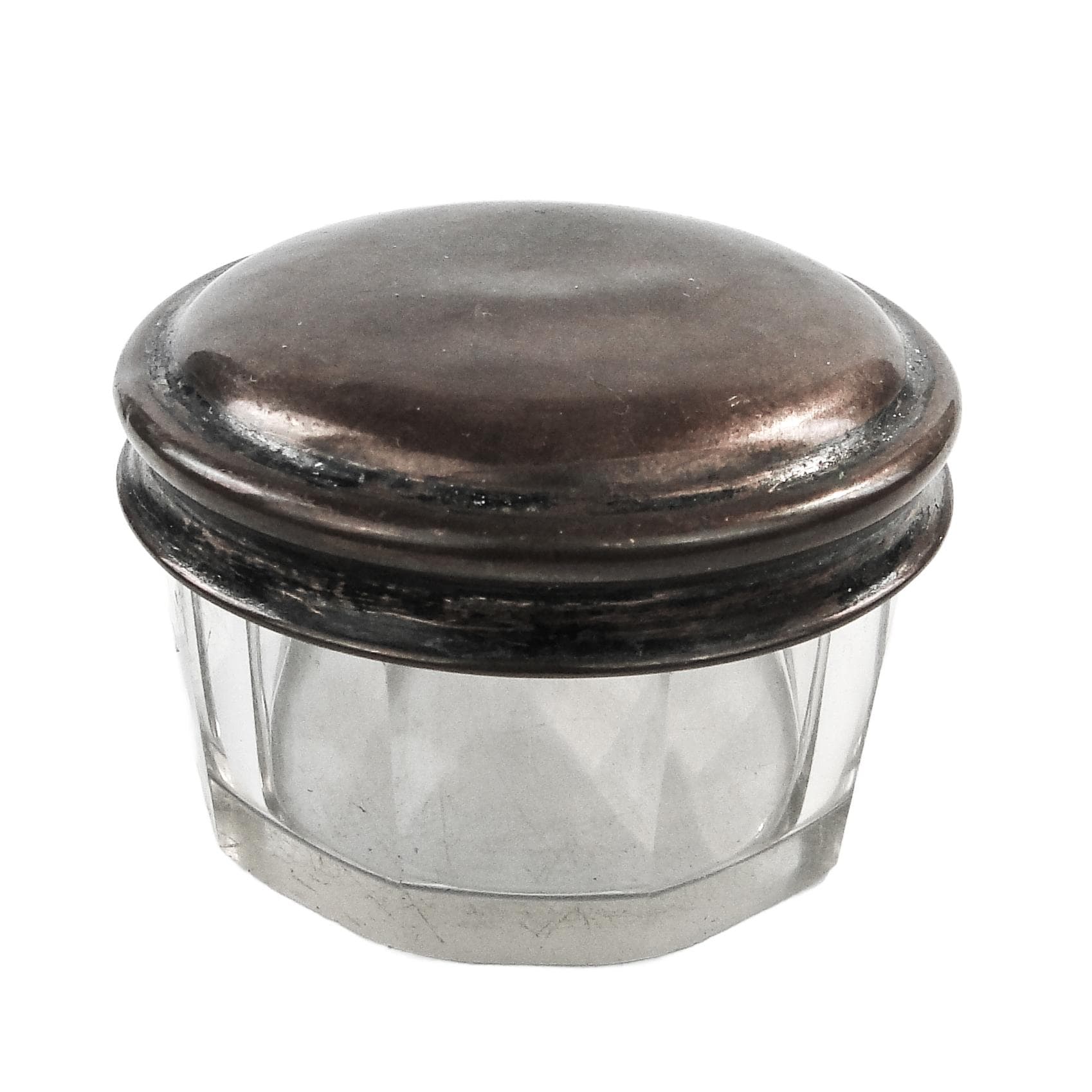 Art Deco pill box, crystal, silver-plated copper, Poland, 1930s.