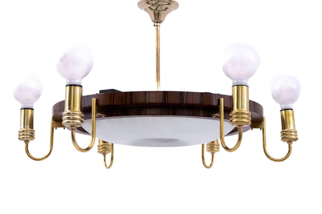 Orzechowy żyrandol, styl art deco, Polska, lata 50. - WYMIARY