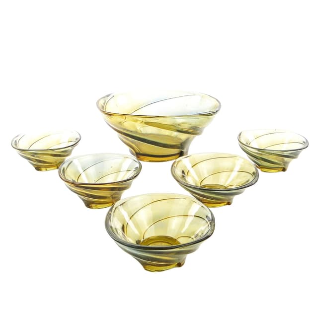 Wir salad bowl set, mid-century modern, amber-yellow pressed glass, Ząbkowice, Poland, 1970s. - DIMENSION