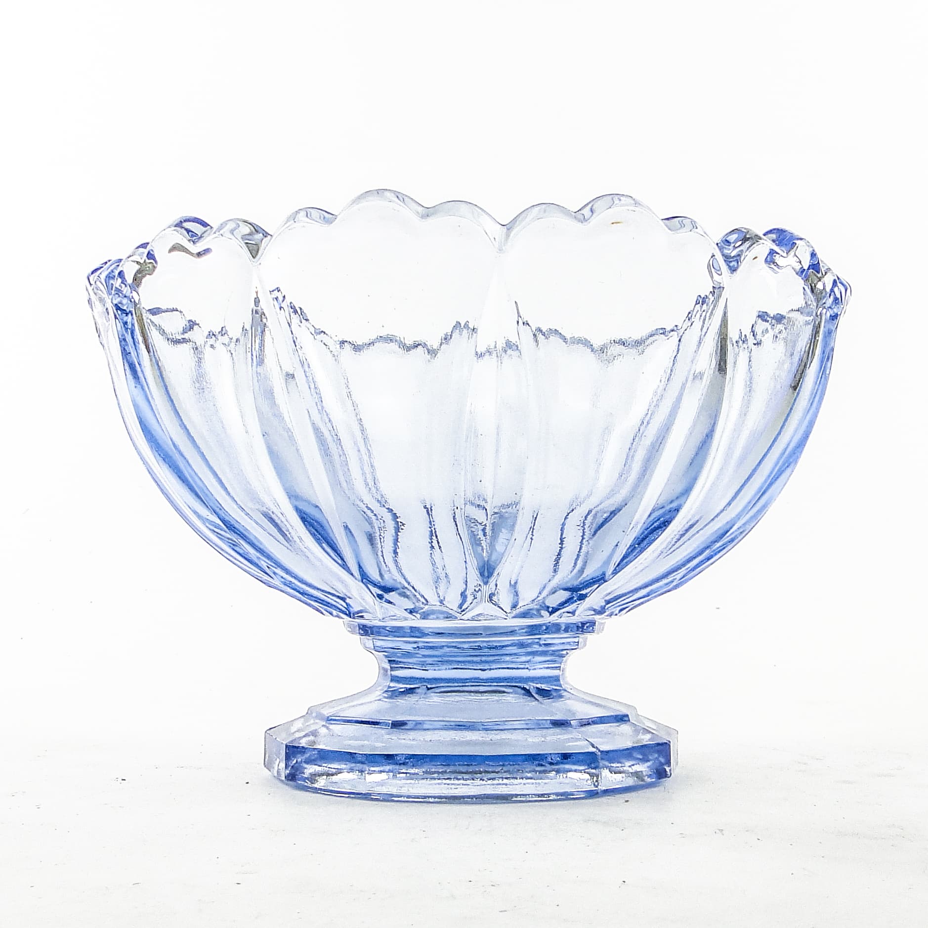 Ring Around pedestal bowl, mid-century modern, turquoise pressed glass, Ząbkowice, Poland, 1960s. - 104466