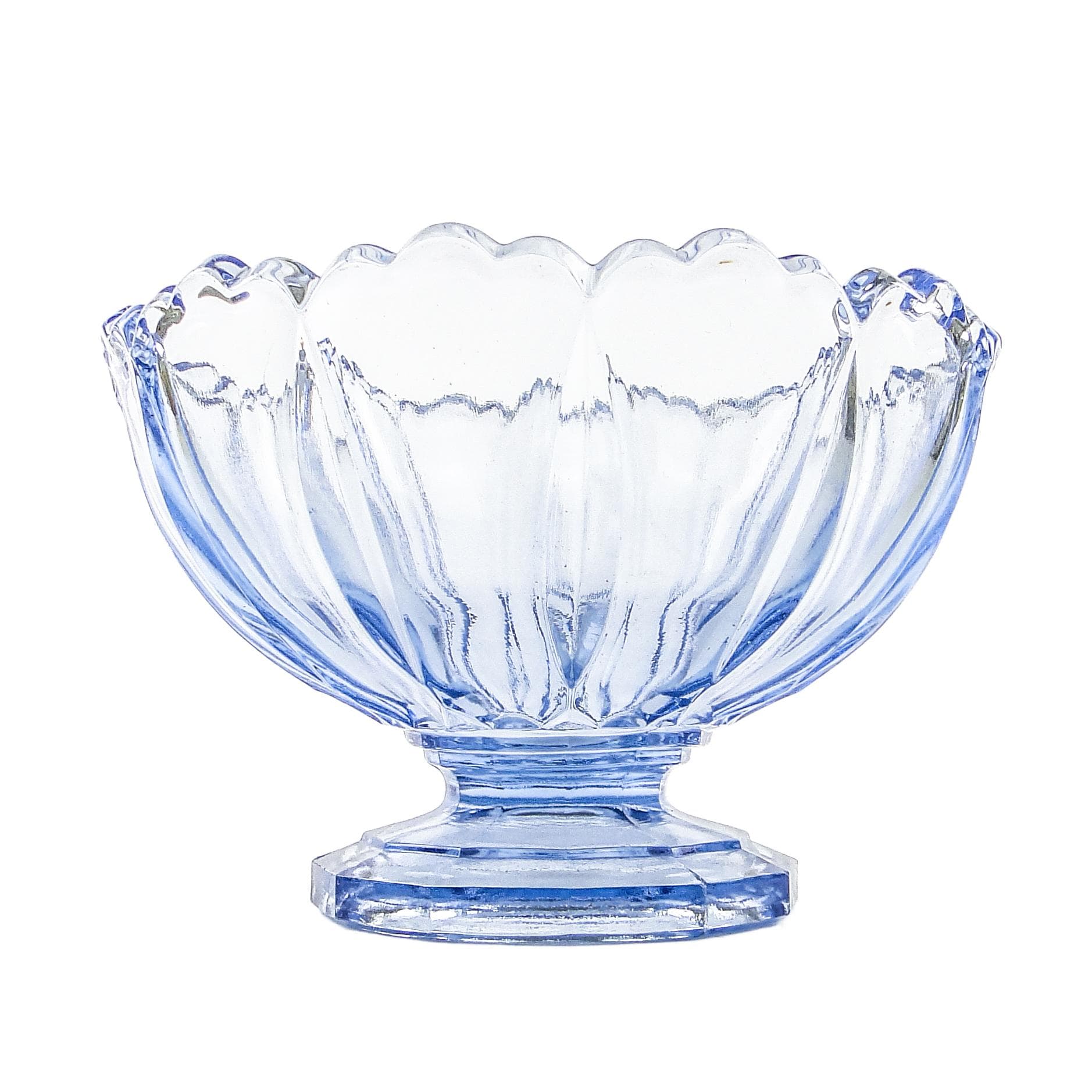 Ring Around pedestal bowl, mid-century modern, turquoise pressed glass, Ząbkowice, Poland, 1960s.