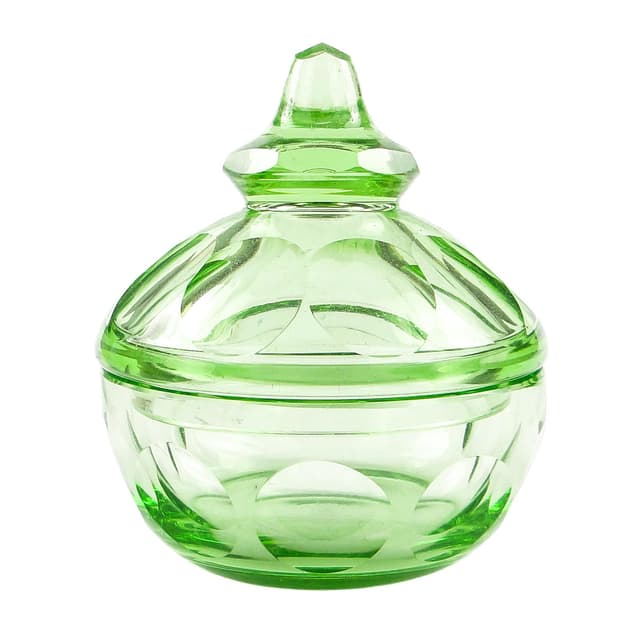 Art Deco candy dish, green crystal, Moser, Czechoslovakia, 1930s. - DIMENSION
