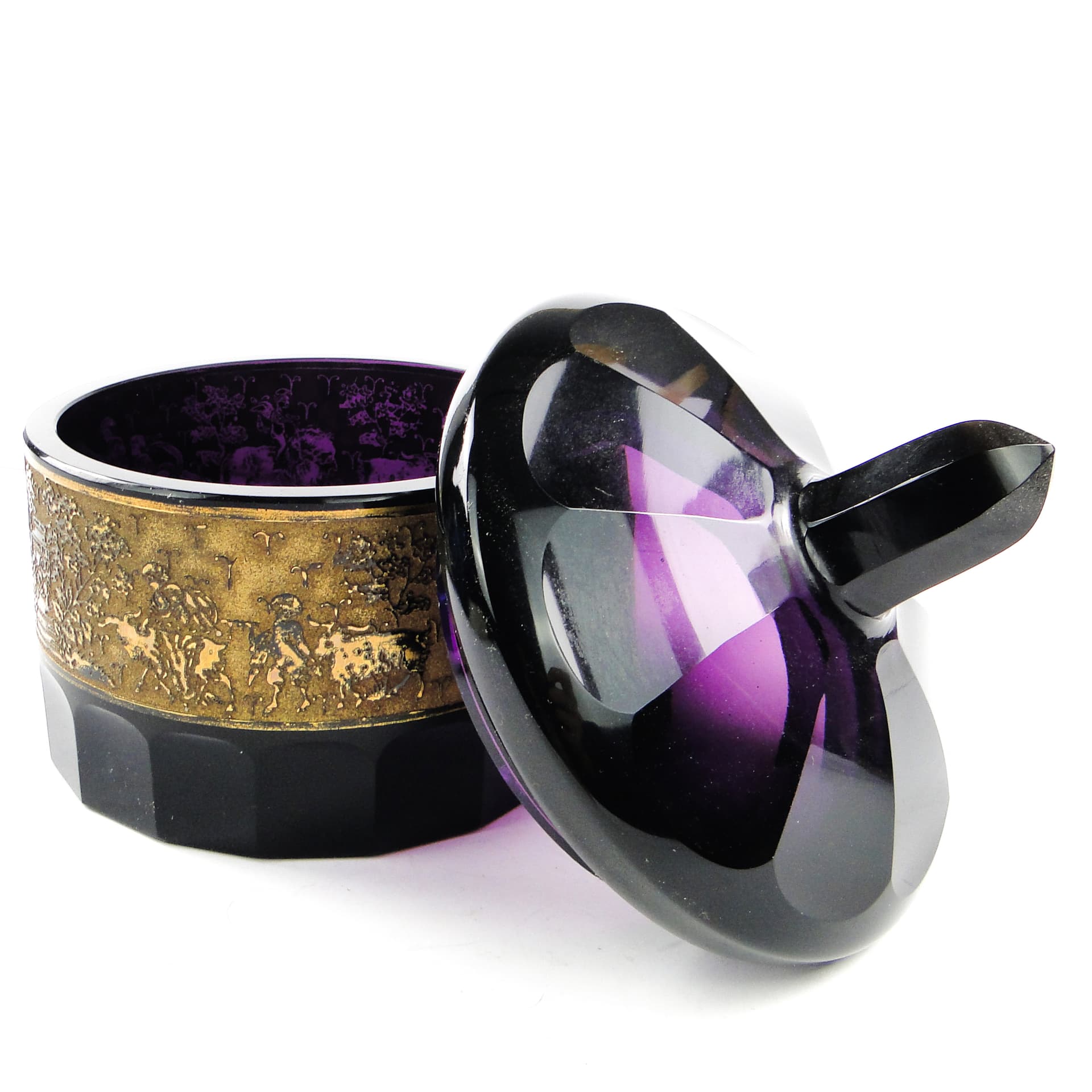 Bomboniera Art Deco, szkło czarne, oroplastyka, Czechosłowacja, lata 30. - 105200