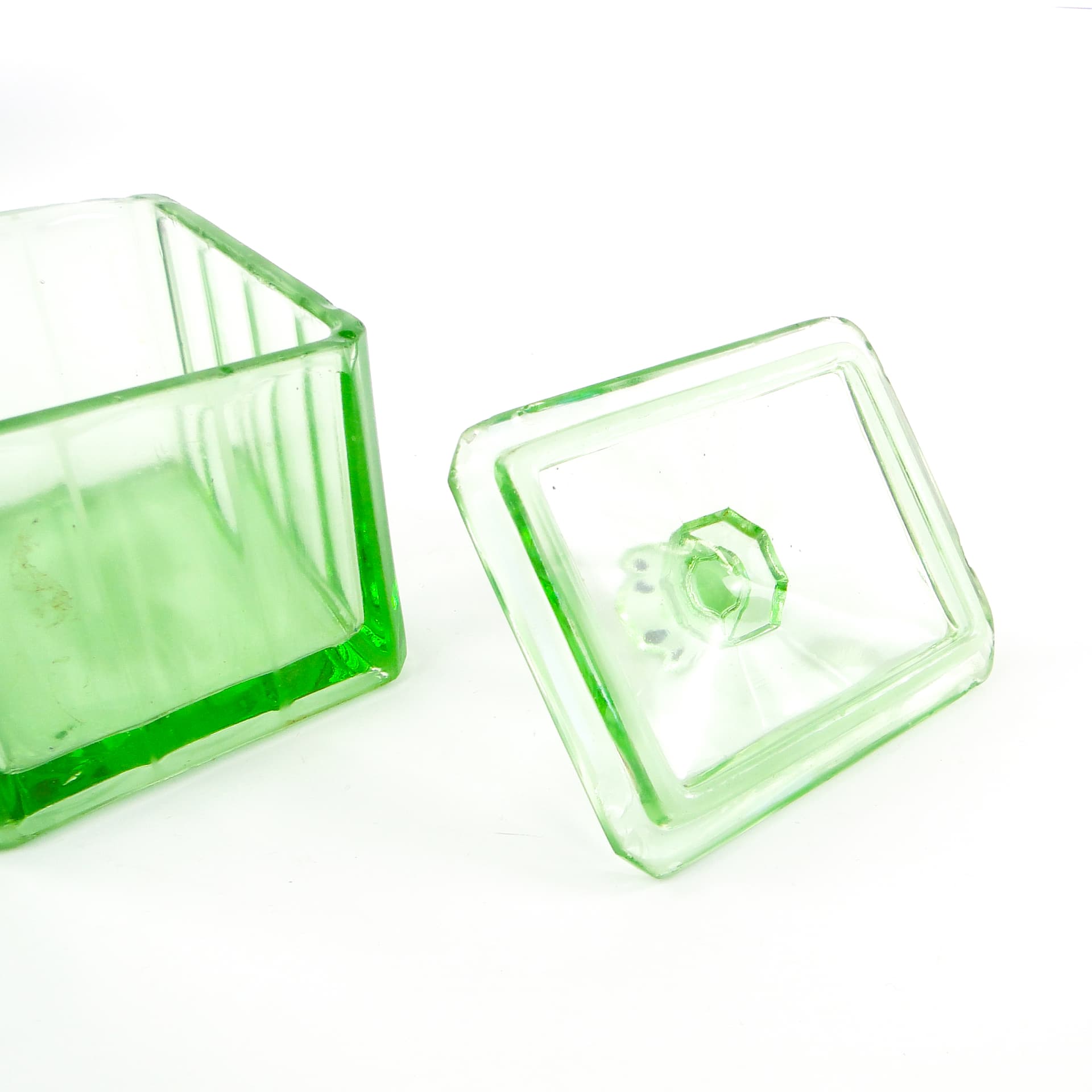 Maselnica Art Deco, szkło turkusowe prasowane, Huta Hortensja, Polska, lata 30. - 106113