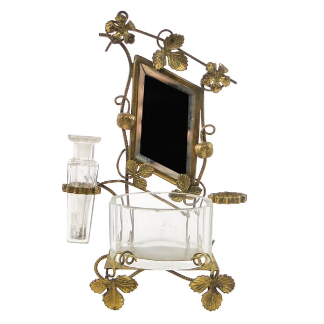 Zestaw toaletowy miniaturowy Biedermeier, mosiądz złocony, szkło, Austria, XIX w. - WYMIARY