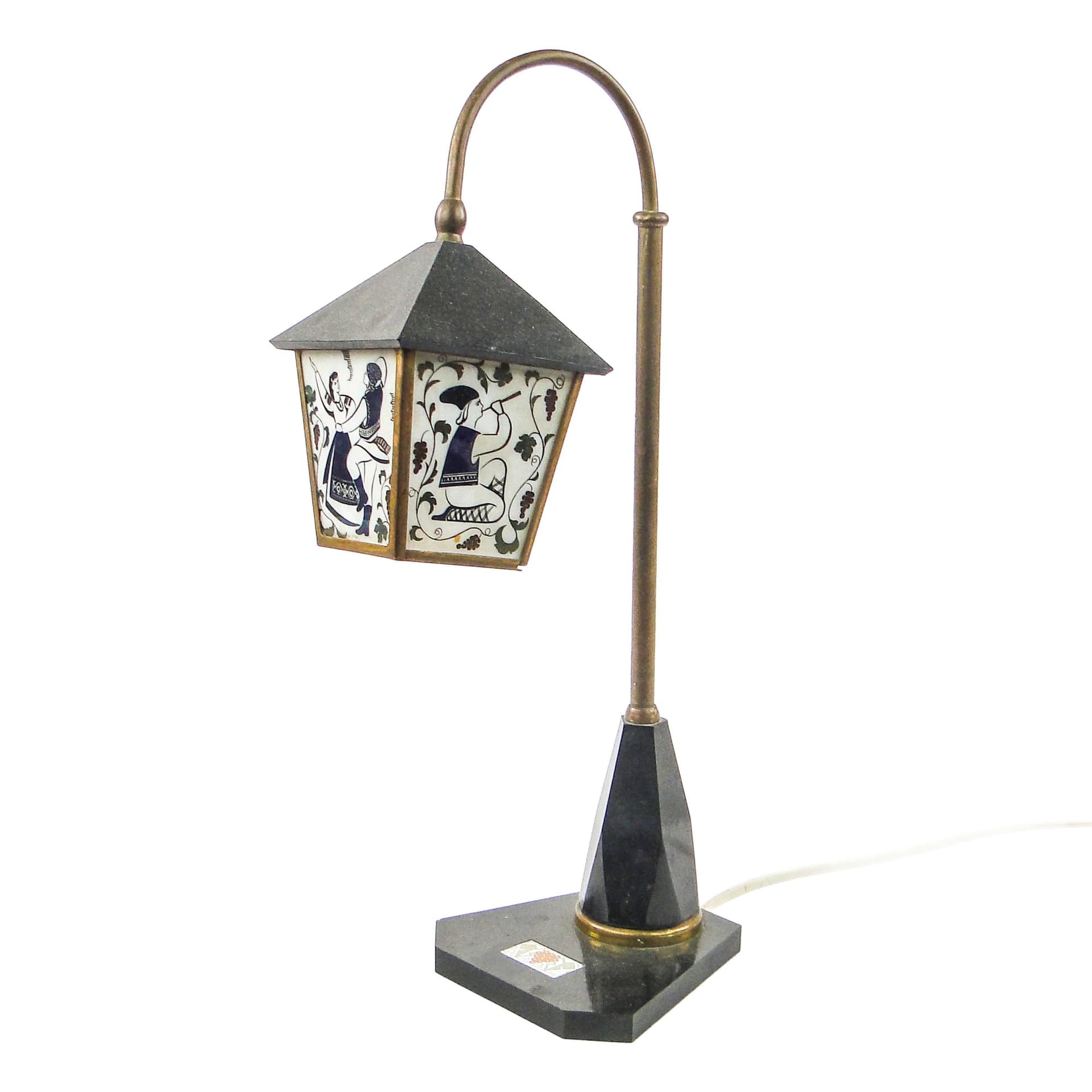 Folk table lamp, bakelite, brass, stone, USSR, 1950s.