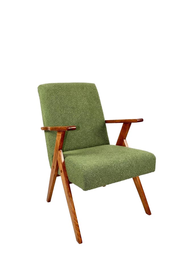 Armchair, green bouclé, walnut, Poland, 1970s. - DIMENSION