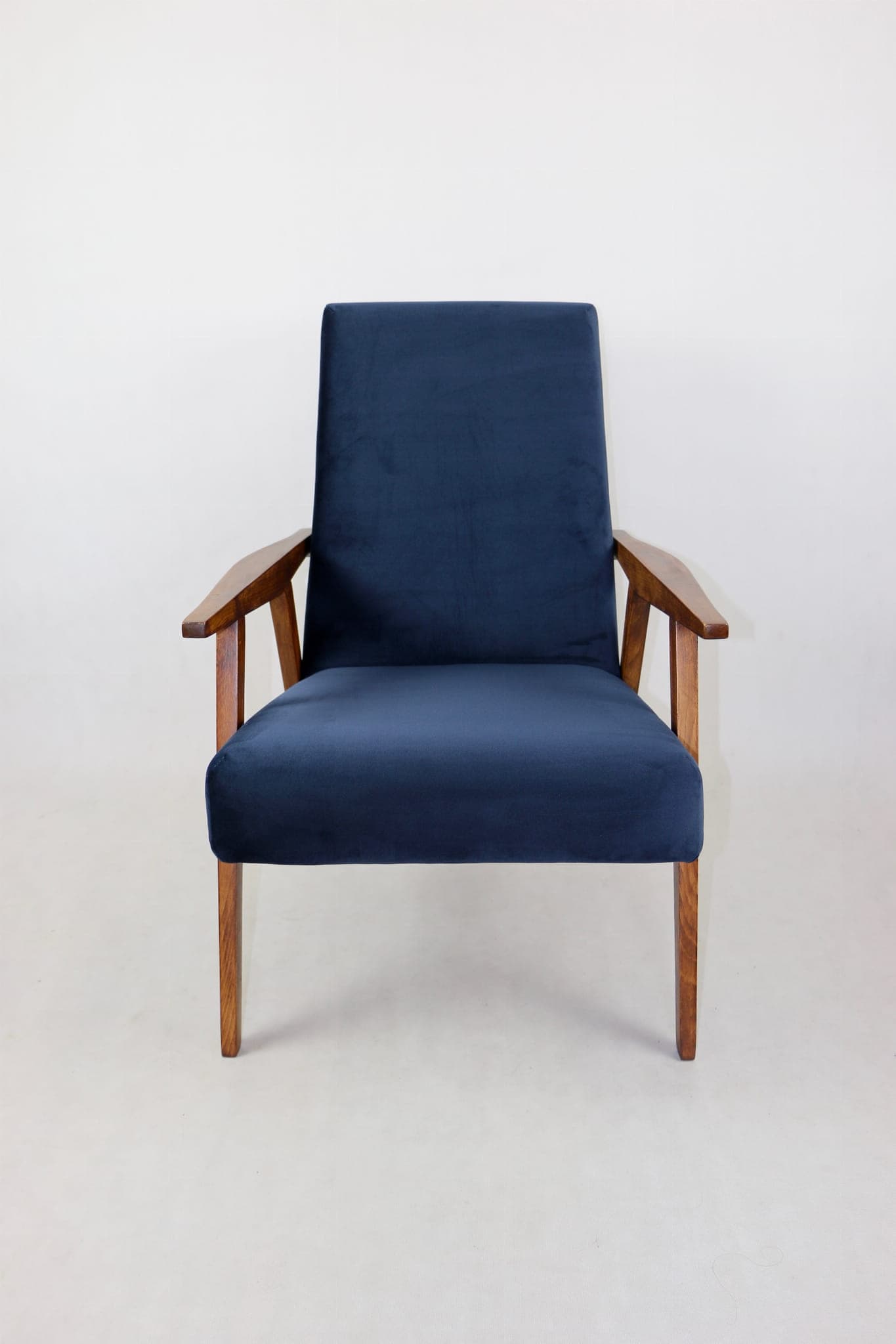 Armchair Vintage Loft, navy blue velvet, walnut, Poznańskie Fabryki Mebli, Poland, 1970s. - 108027