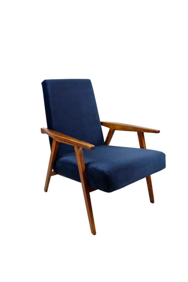 Armchair Vintage Loft, navy blue velvet, walnut, Poznańskie Fabryki Mebli, Poland, 1970s. - DIMENSION