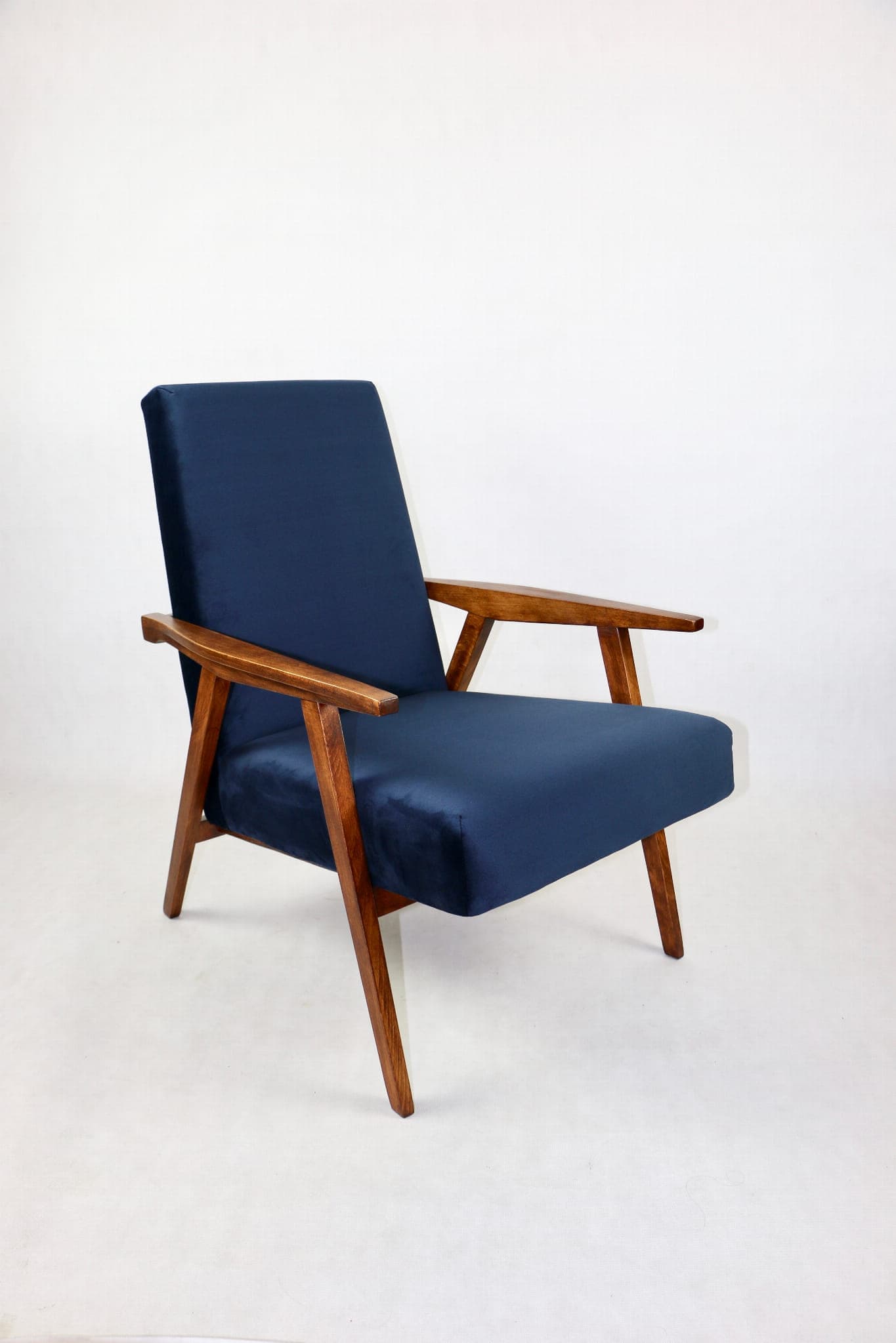 Armchair Vintage Loft, navy blue velvet, walnut, Poznańskie Fabryki Mebli, Poland, 1970s. - 108034