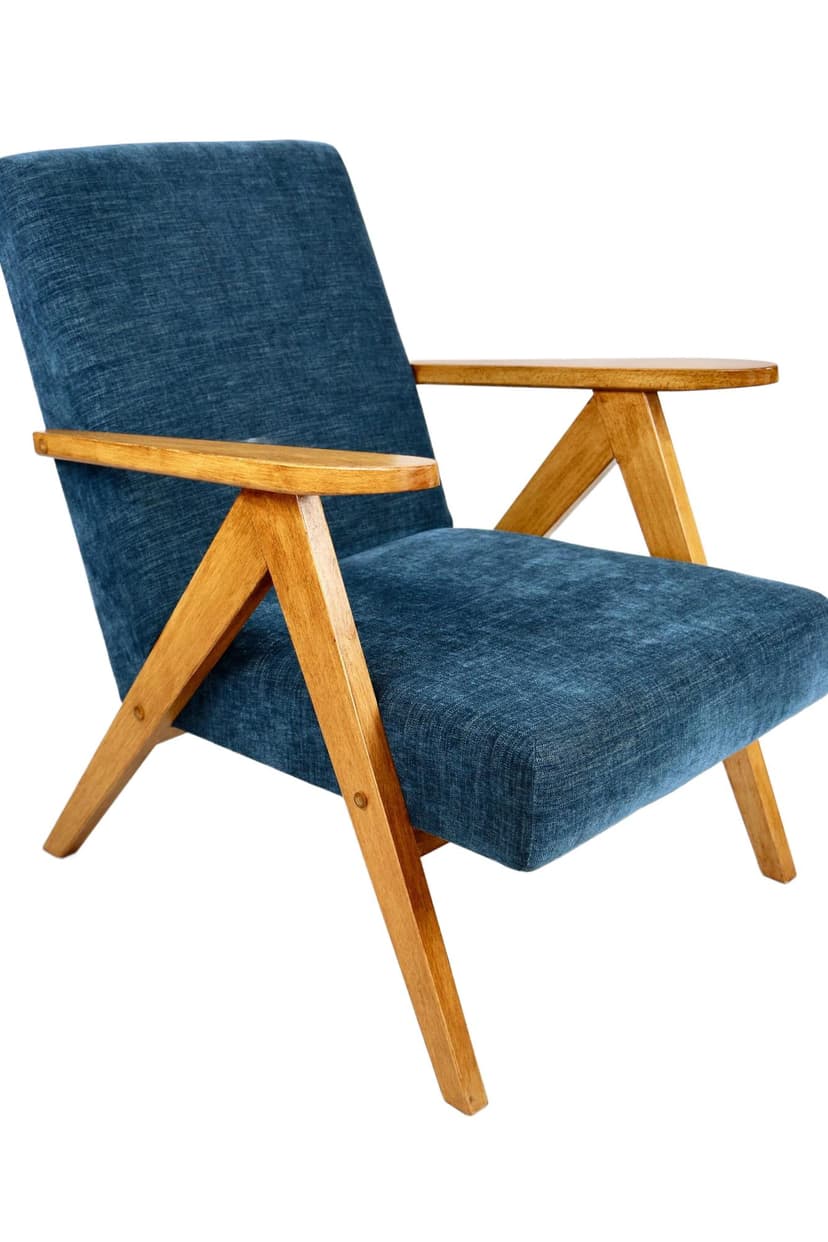Armchair B-310 VAR, navy blue, fabric, oak, Poland, 1970s.