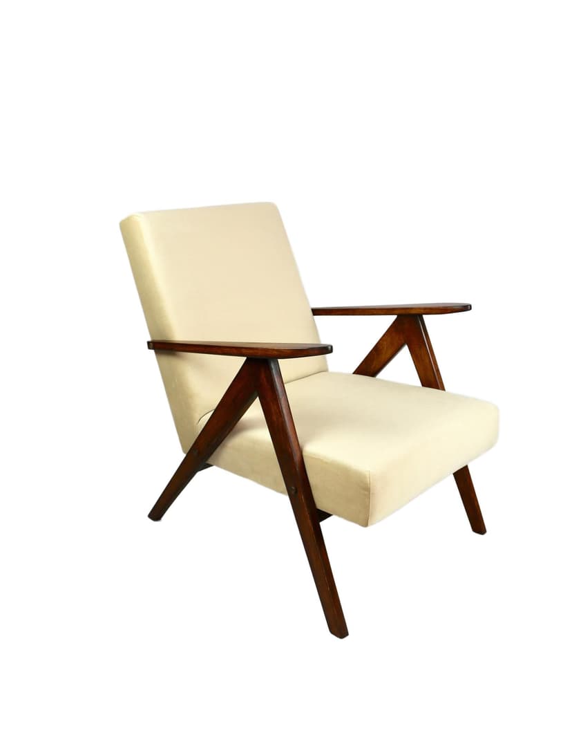 Armchair VAR B-310, beige velvet, walnut wood, Poland, 1970s