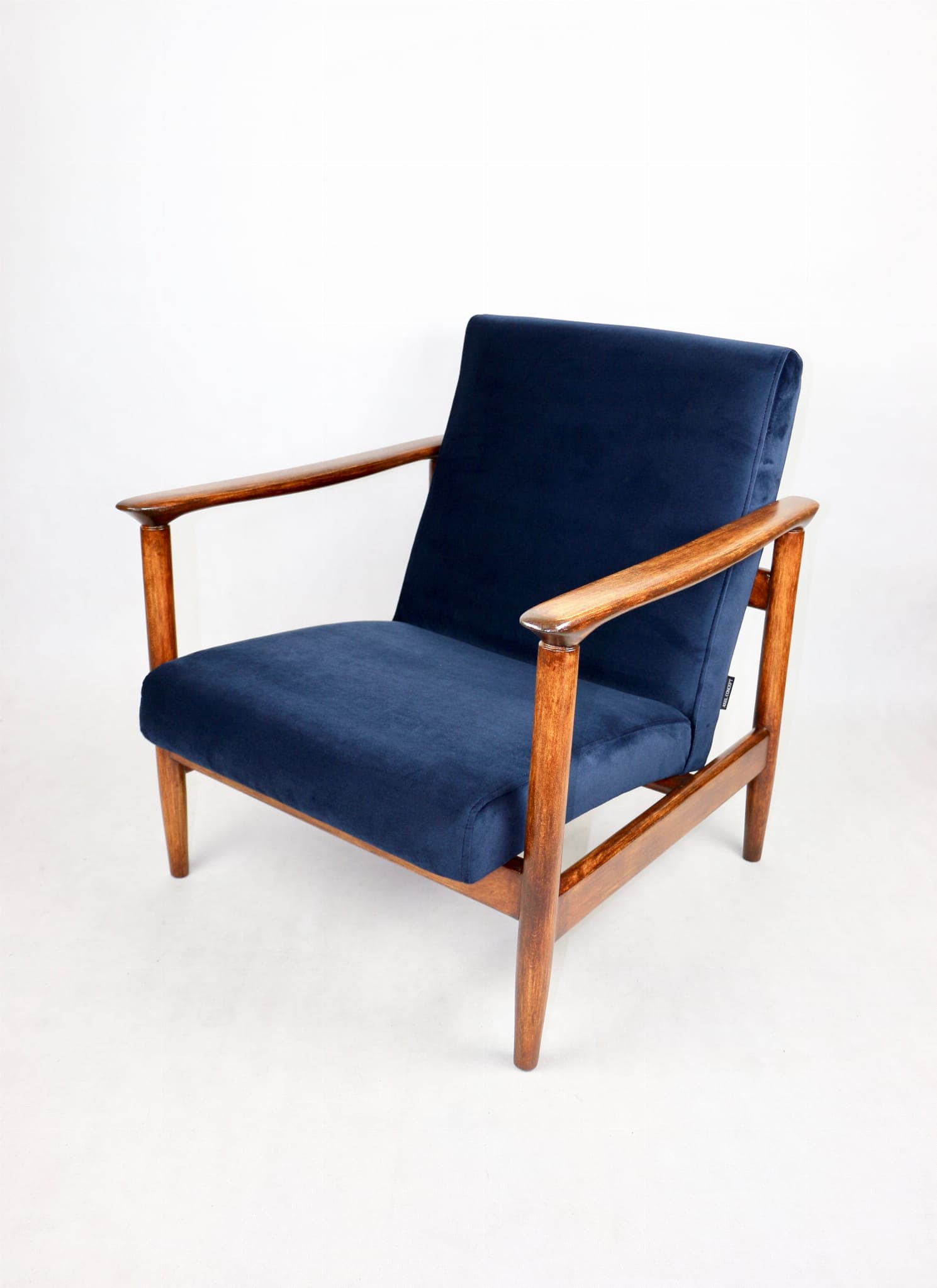 Armchair GFM-142, navy blue velvet, brown wood, by E. Homa, Poland, 1970s. - 107894