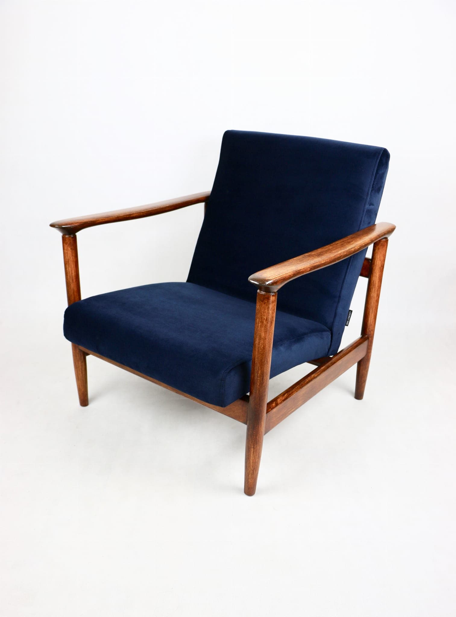 Armchair GFM-142, navy blue velvet, brown wood, by E. Homa, Poland, 1970s. - 107887