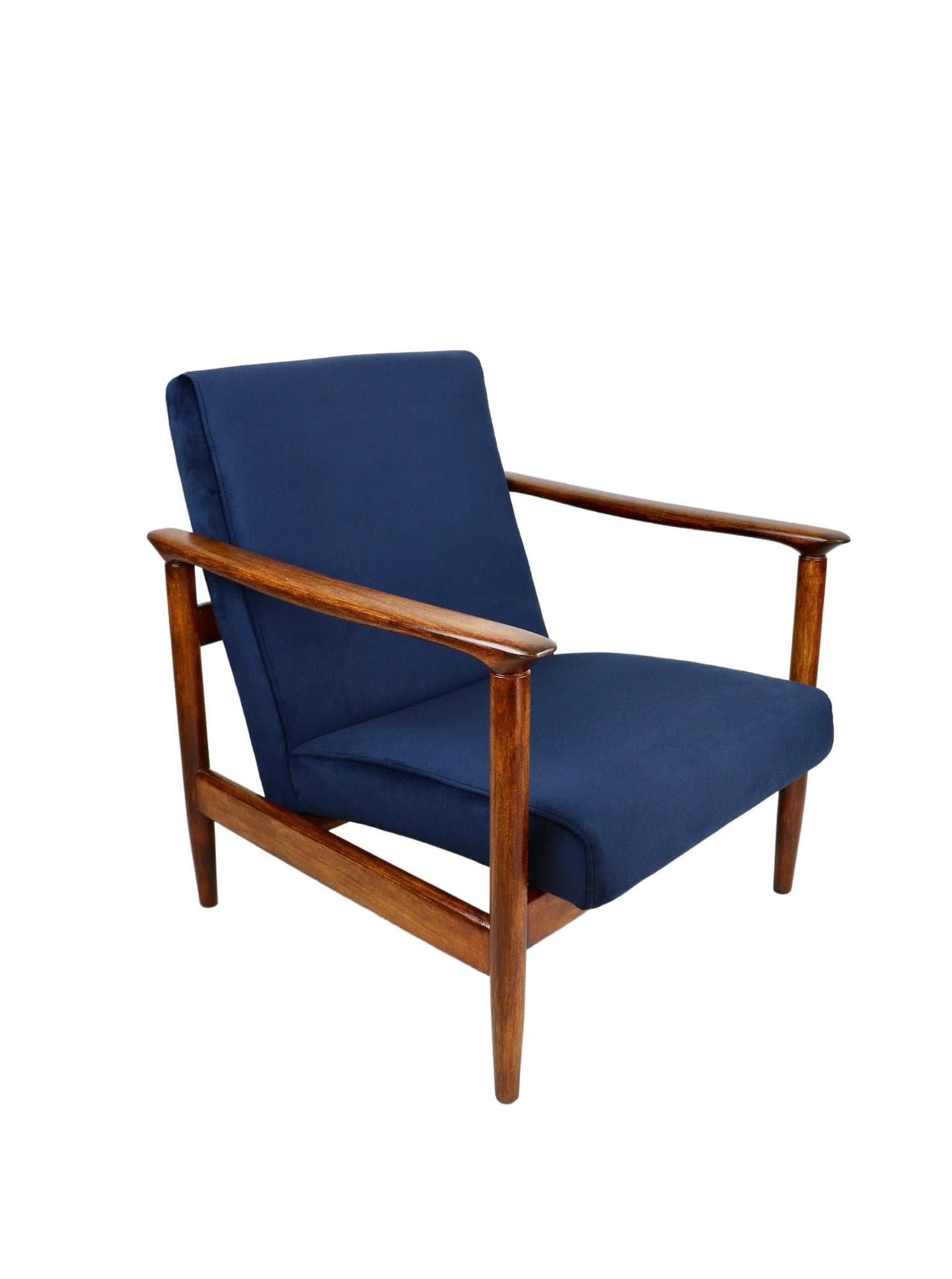 Armchair GFM-142, navy blue velvet, brown wood, by E. Homa, Poland, 1970s.