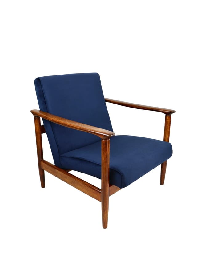 Armchair GFM-142, navy blue velvet, brown wood, by E. Homa, Poland, 1970s. - DIMENSION