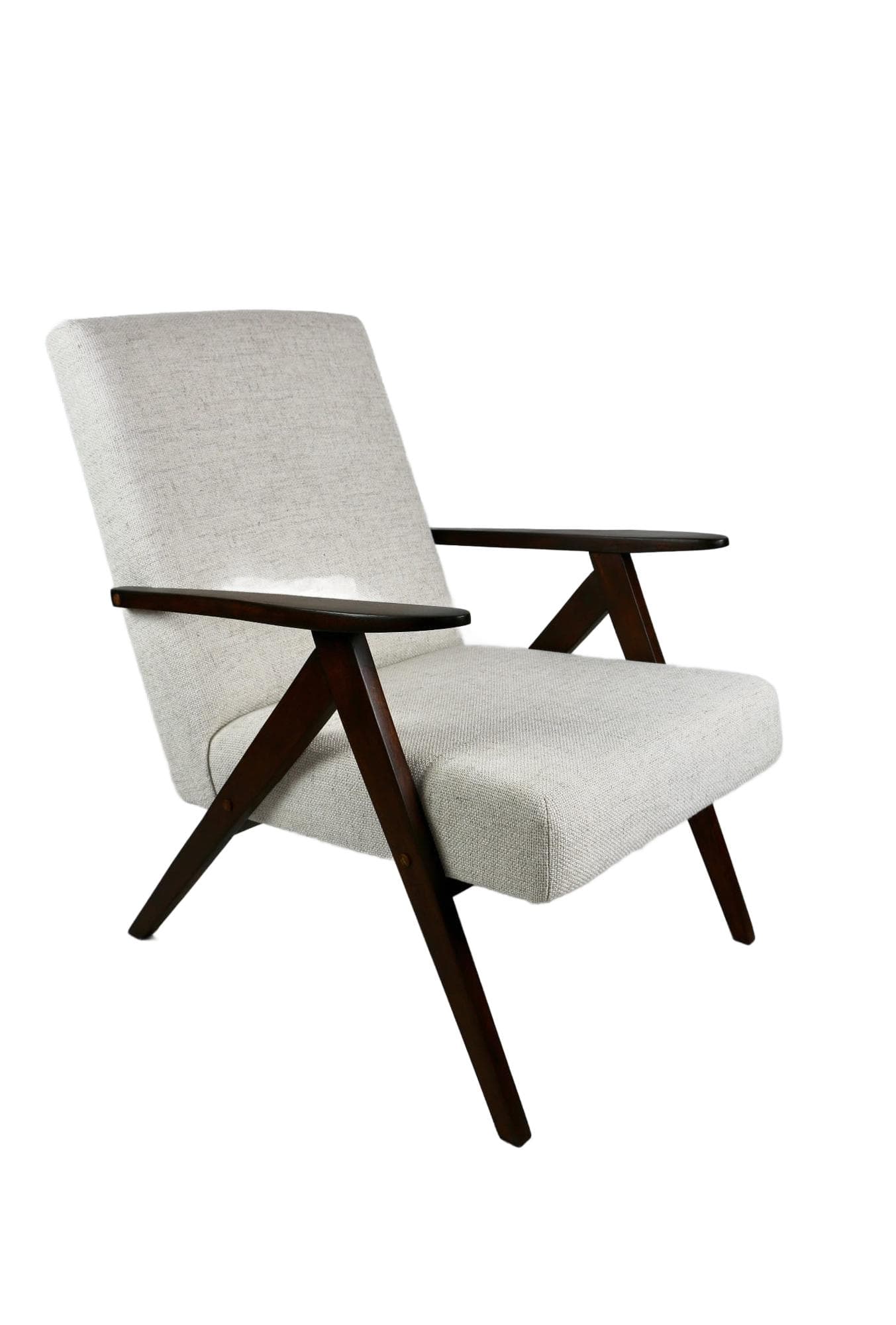 Armchair VAR B-310, ivory bouclé, wood, Poland, 1970s.
