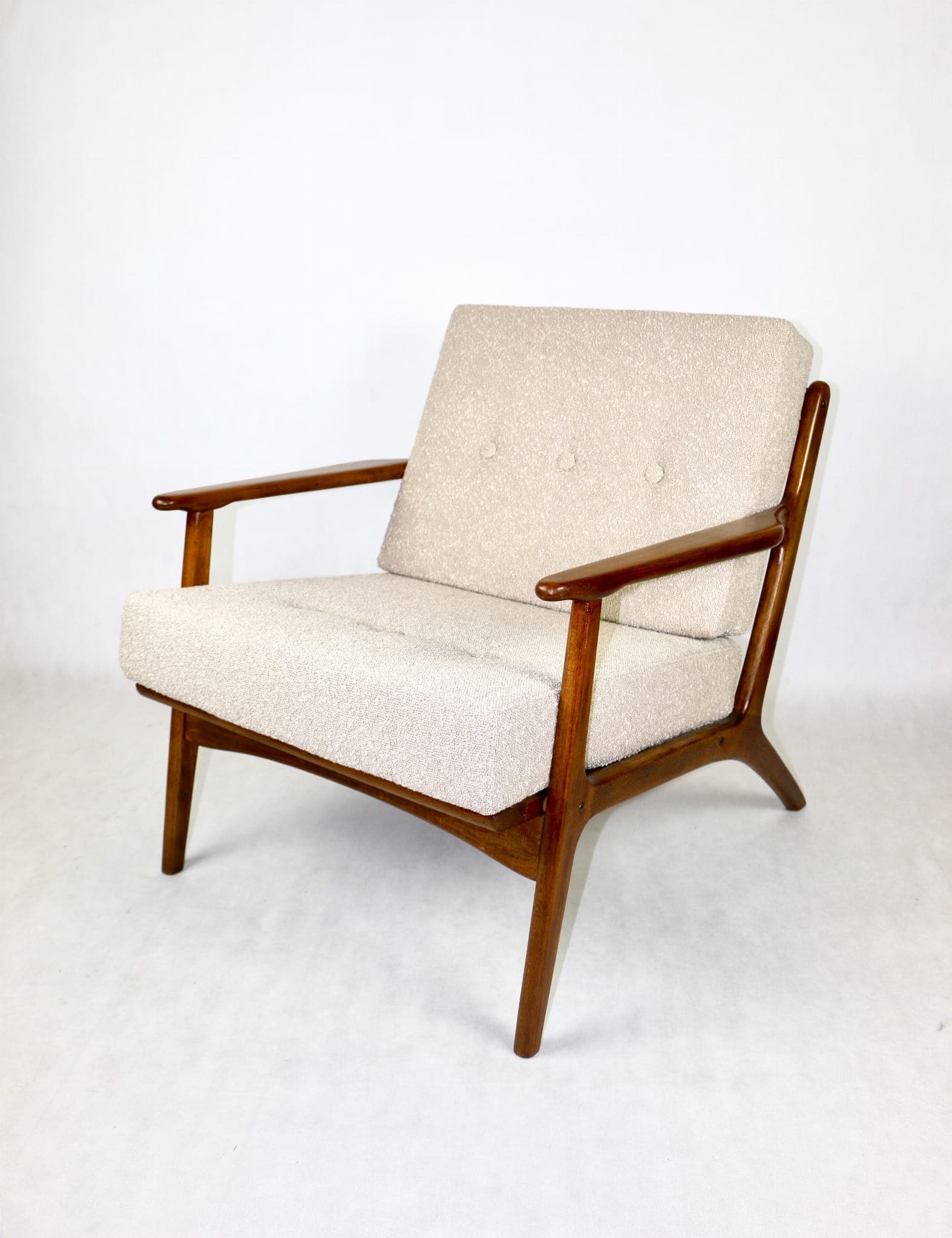 Armchair, beige bouclé, wood, Denmark, 1970s - 107789