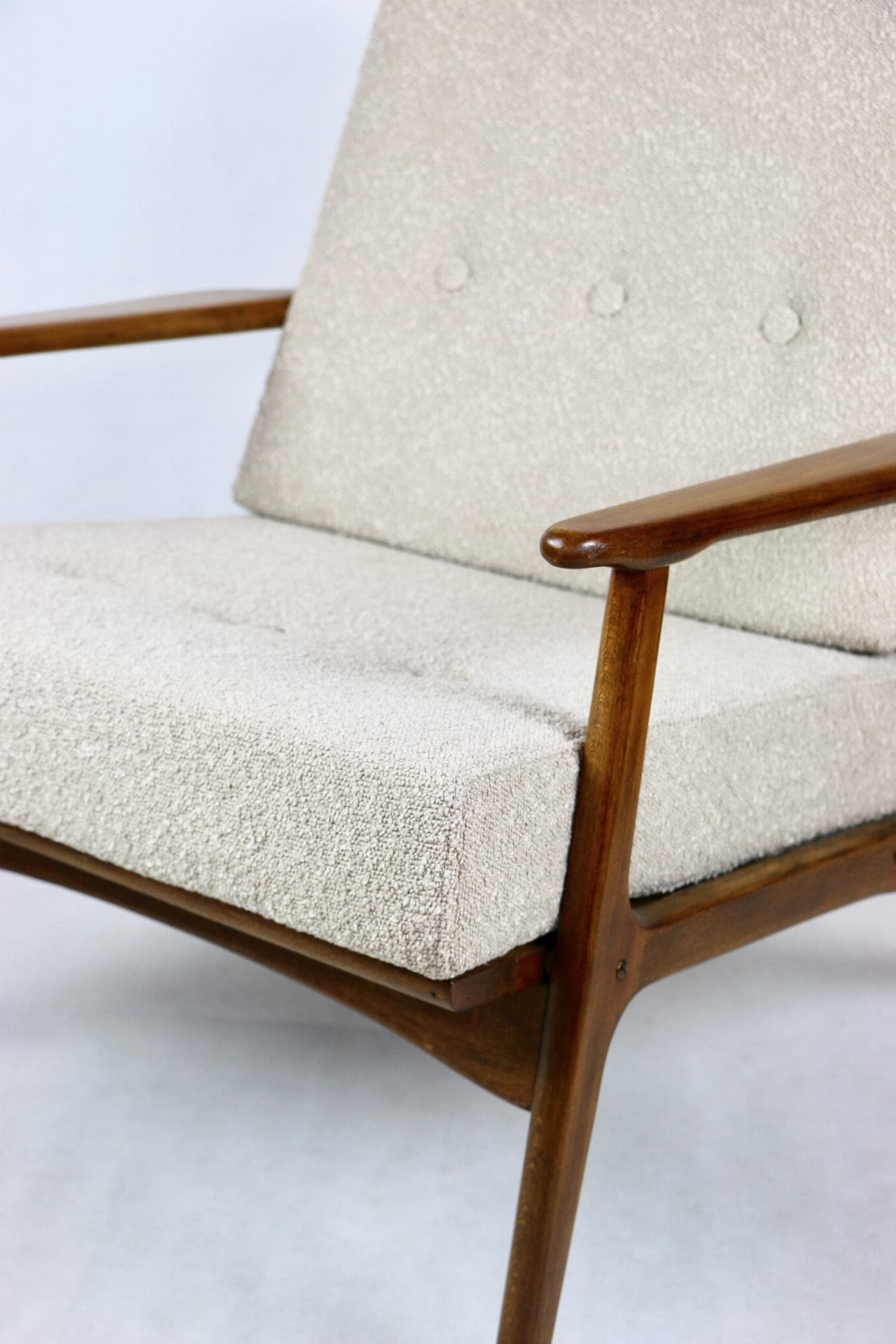 Armchair, beige bouclé, wood, Denmark, 1970s - 107790