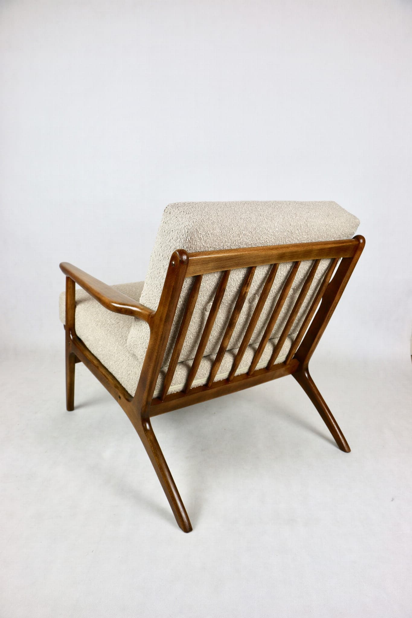 Armchair, beige bouclé, wood, Denmark, 1970s - 107787