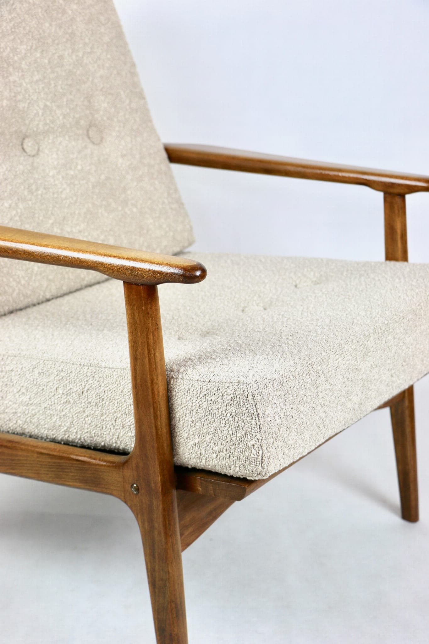 Armchair, beige bouclé, wood, Denmark, 1970s - 107782