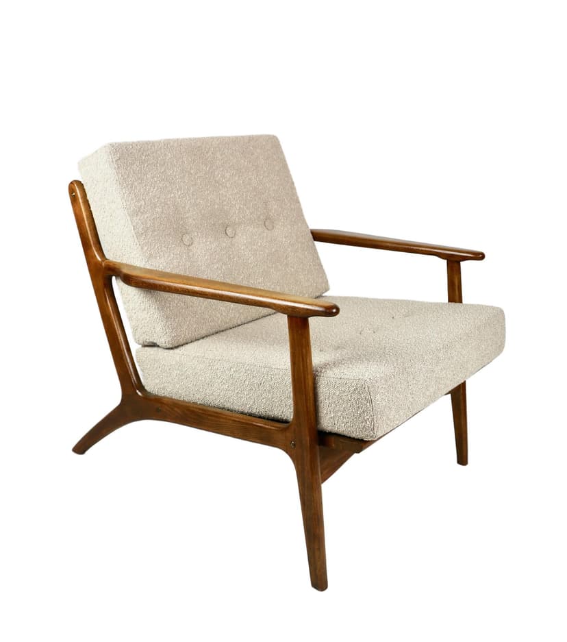 Armchair, beige bouclé, wood, Denmark, 1970s