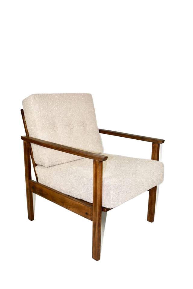 Fotel, beżowy, bouclé, drewno, lata 70. - WYMIARY