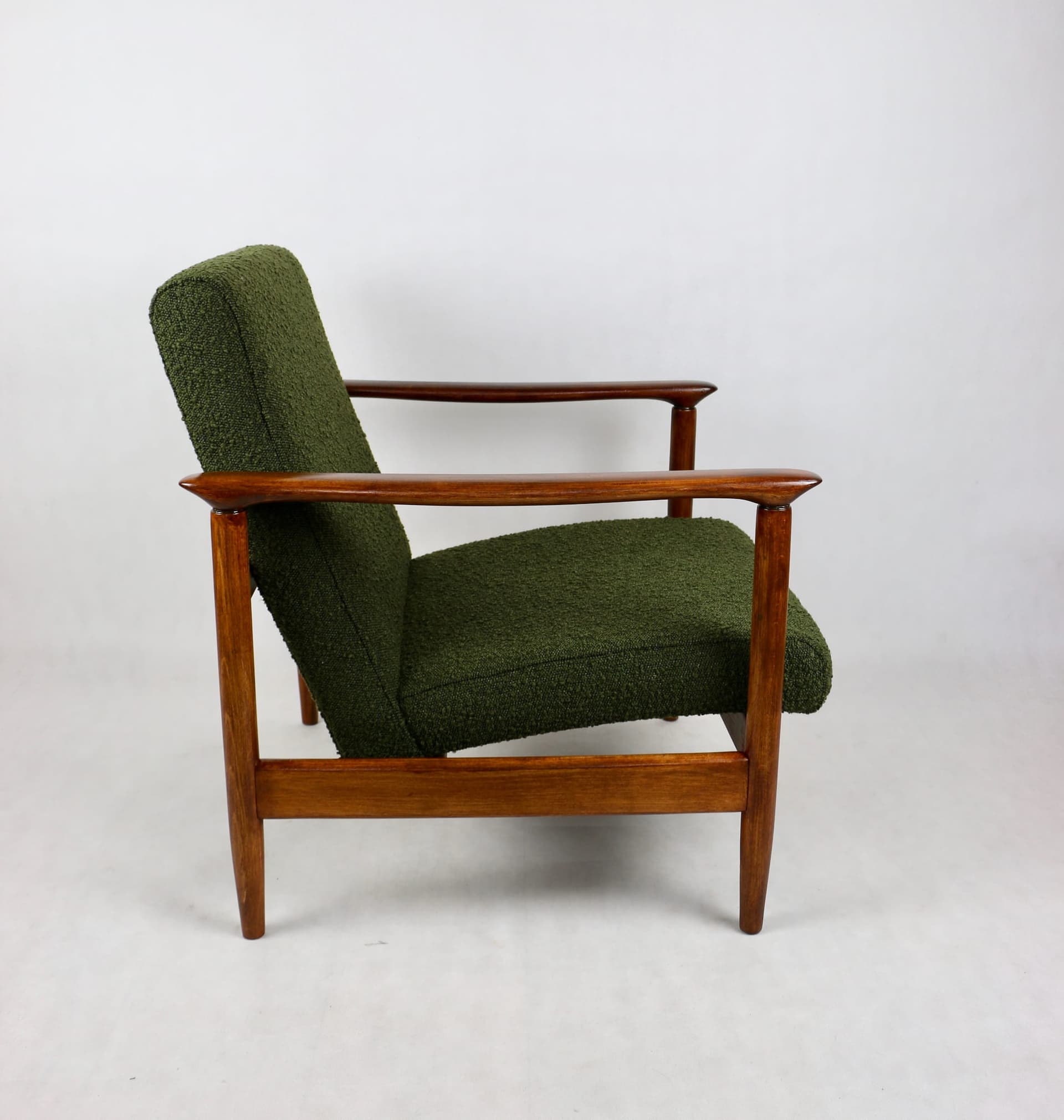 Armchair GFM-142, olive bouclé, walnut, by E. Homa, Poland, 1970s. - 107742
