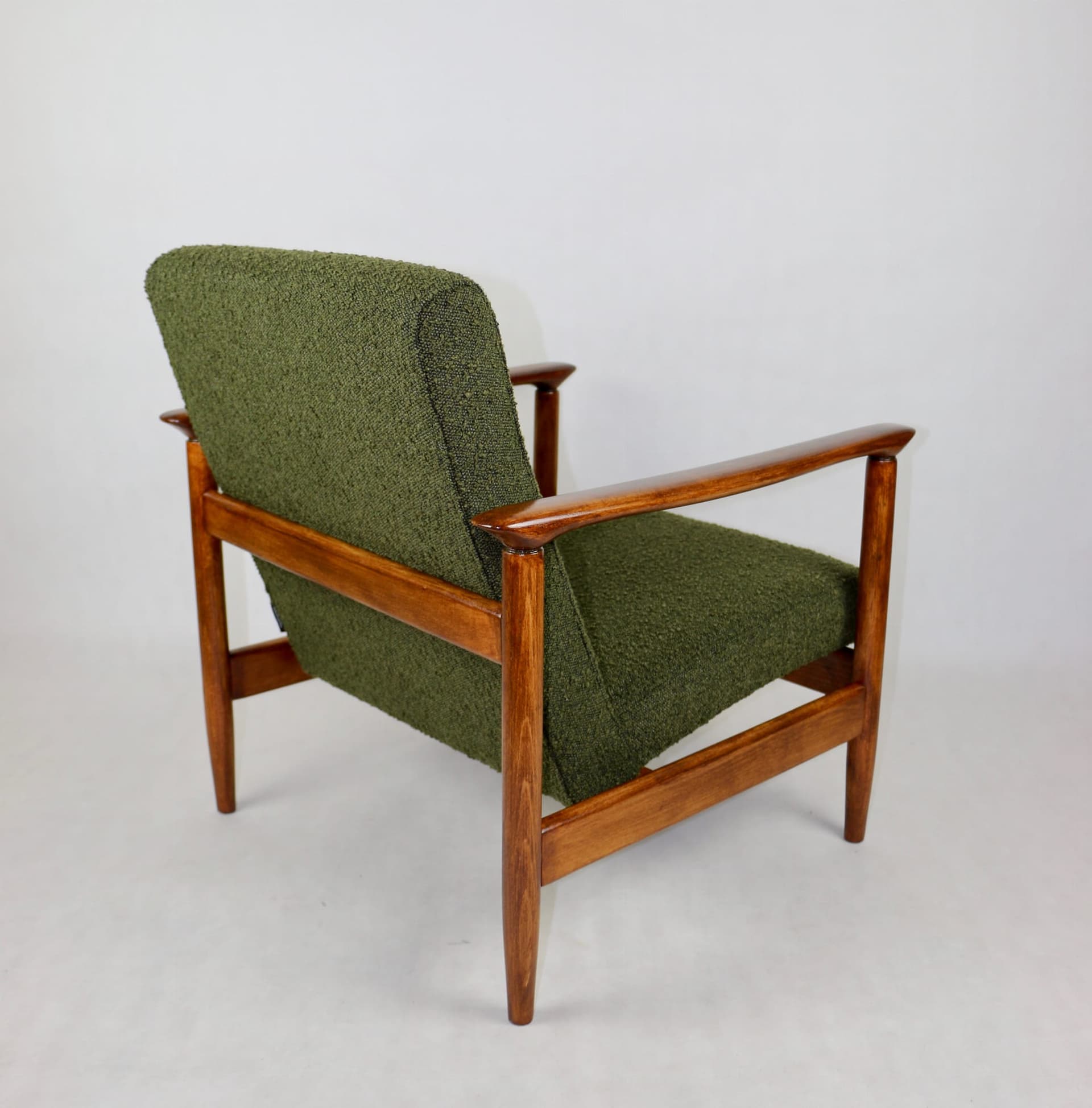 Armchair GFM-142, olive bouclé, walnut, by E. Homa, Poland, 1970s. - 107743