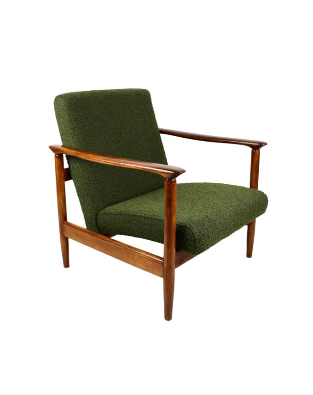 Armchair GFM-142, olive bouclé, walnut, by E. Homa, Poland, 1970s. - DIMENSION