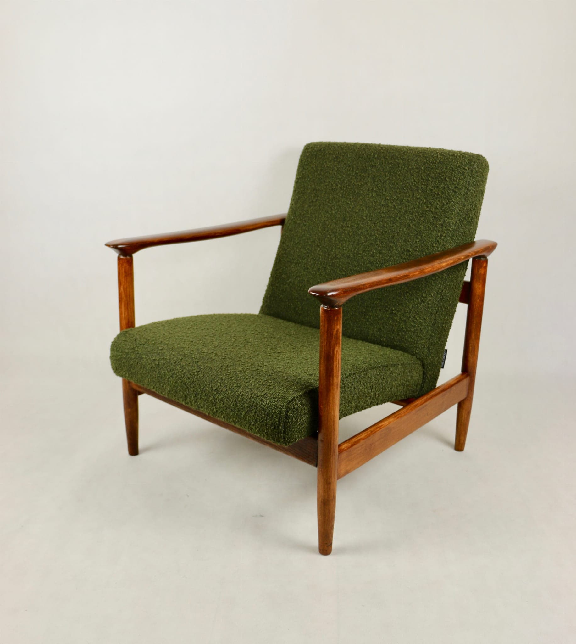 Armchair GFM-142, olive bouclé, walnut, by E. Homa, Poland, 1970s. - 107748
