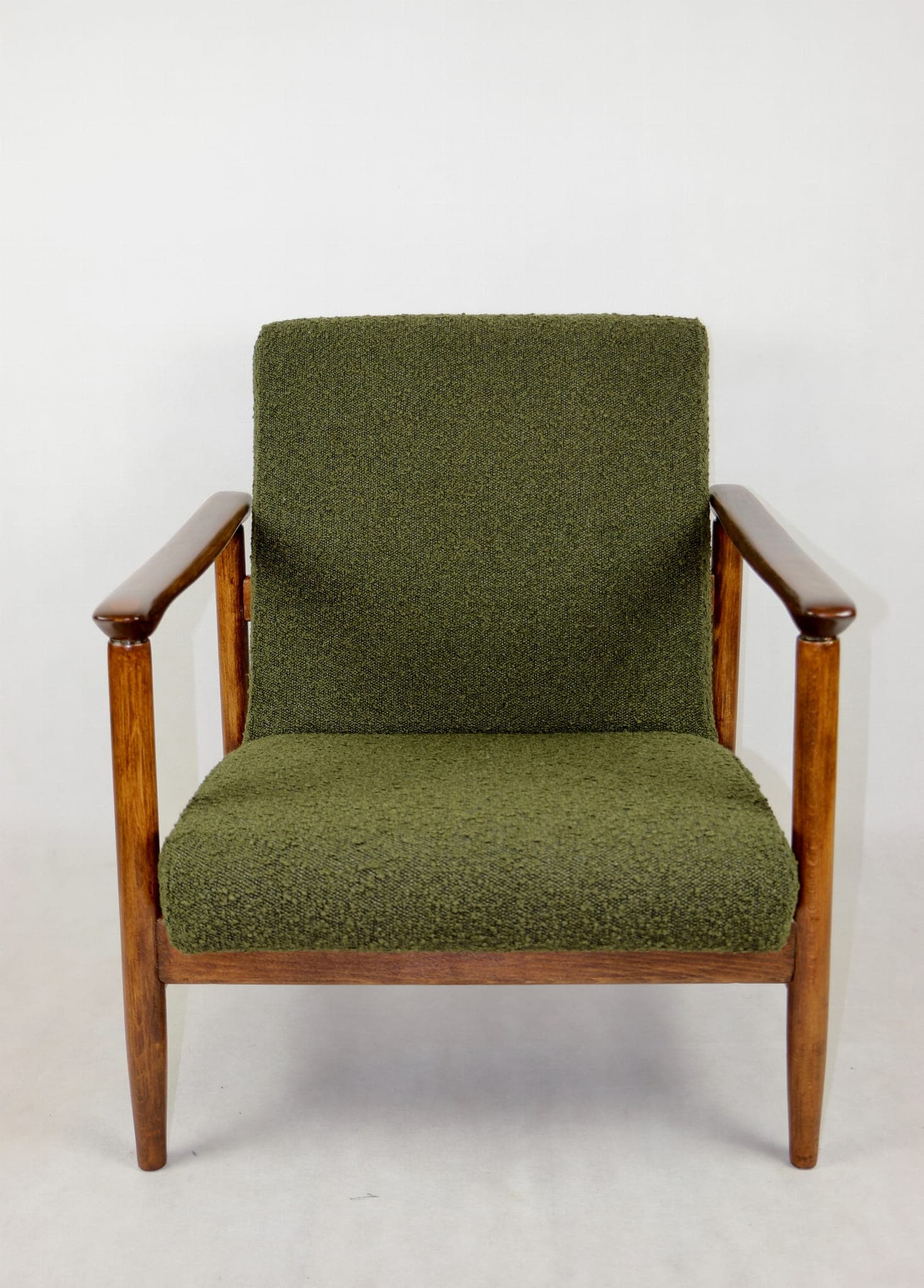 Armchair GFM-142, olive bouclé, walnut, by E. Homa, Poland, 1970s. - 107749