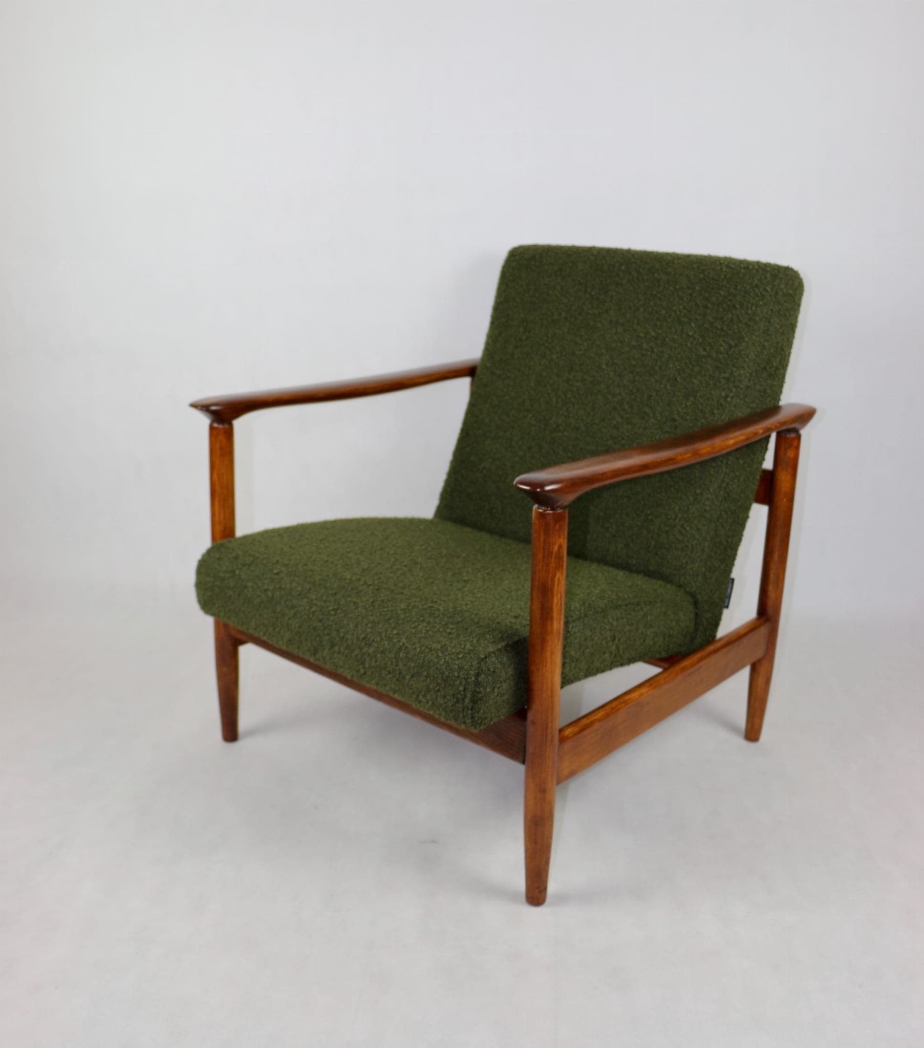 Armchair GFM-142, olive bouclé, walnut, by E. Homa, Poland, 1970s. - 107746