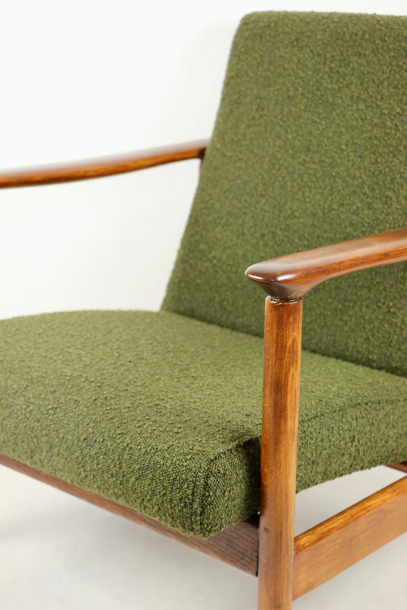 Armchair GFM-142, olive bouclé, walnut, by E. Homa, Poland, 1970s. - 107747