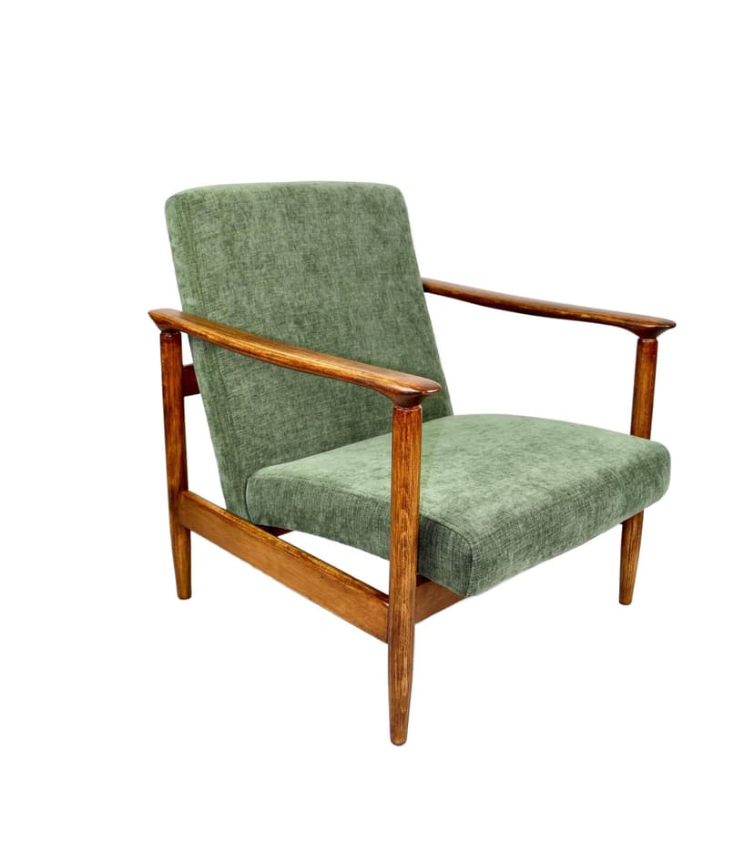 Armchair GFM-142, olive upholstery, brown wood, by E. Homa, Poland, 1970s.