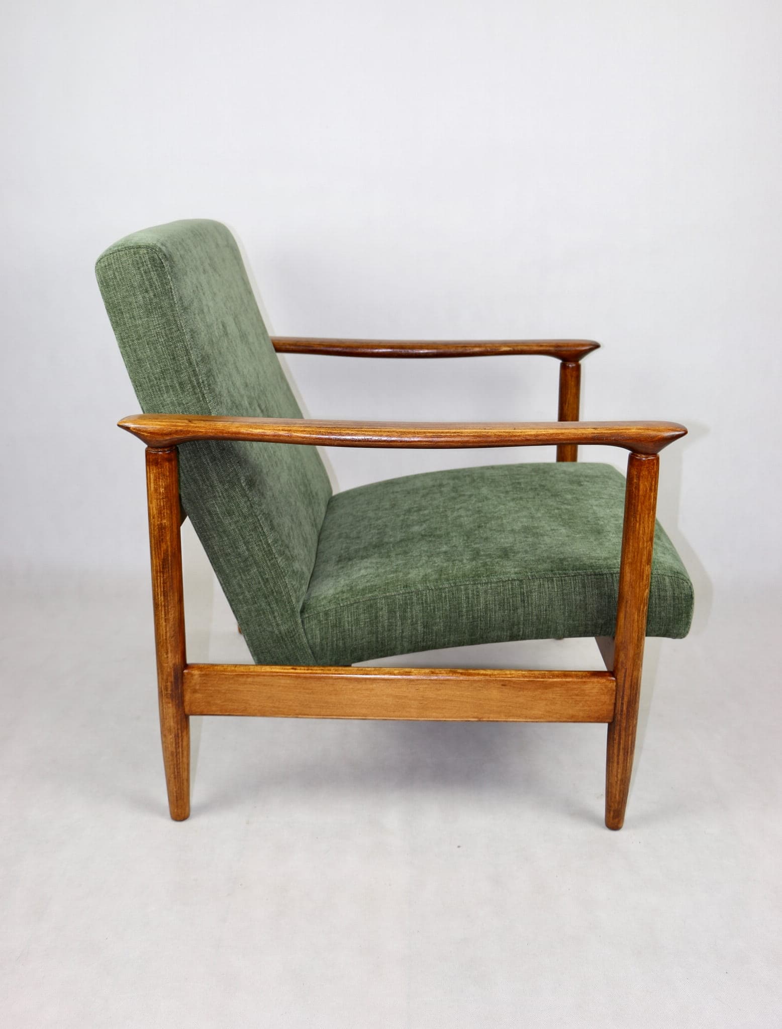 Armchair GFM-142, olive upholstery, brown wood, by E. Homa, Poland, 1970s. - 107733