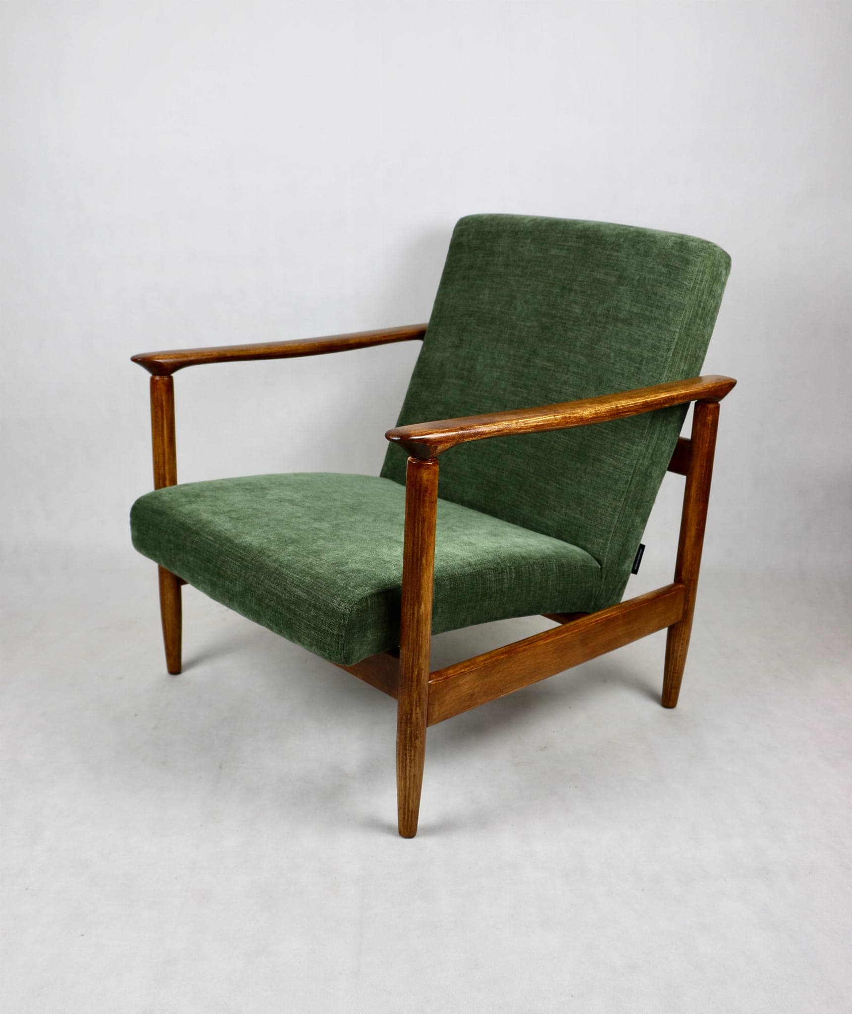 Armchair GFM-142, olive upholstery, brown wood, by E. Homa, Poland, 1970s. - 107731