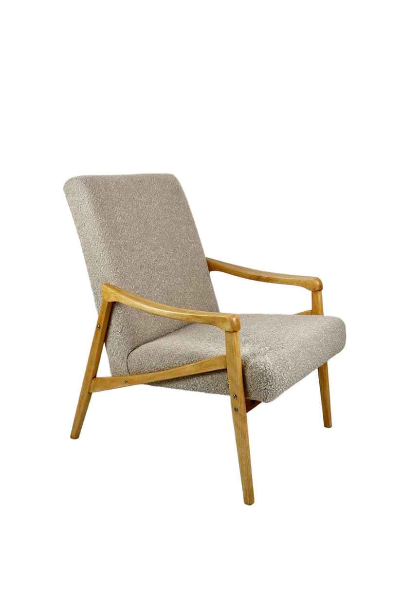 Armchair, beige bouclé, beech, by J. Jiroutek, Czech Republic, 1960s.