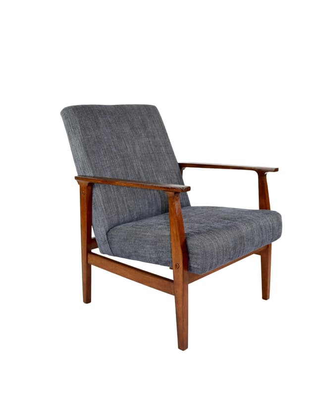 Armchair, grey textured upholstery, wood, 1970s. - DIMENSION