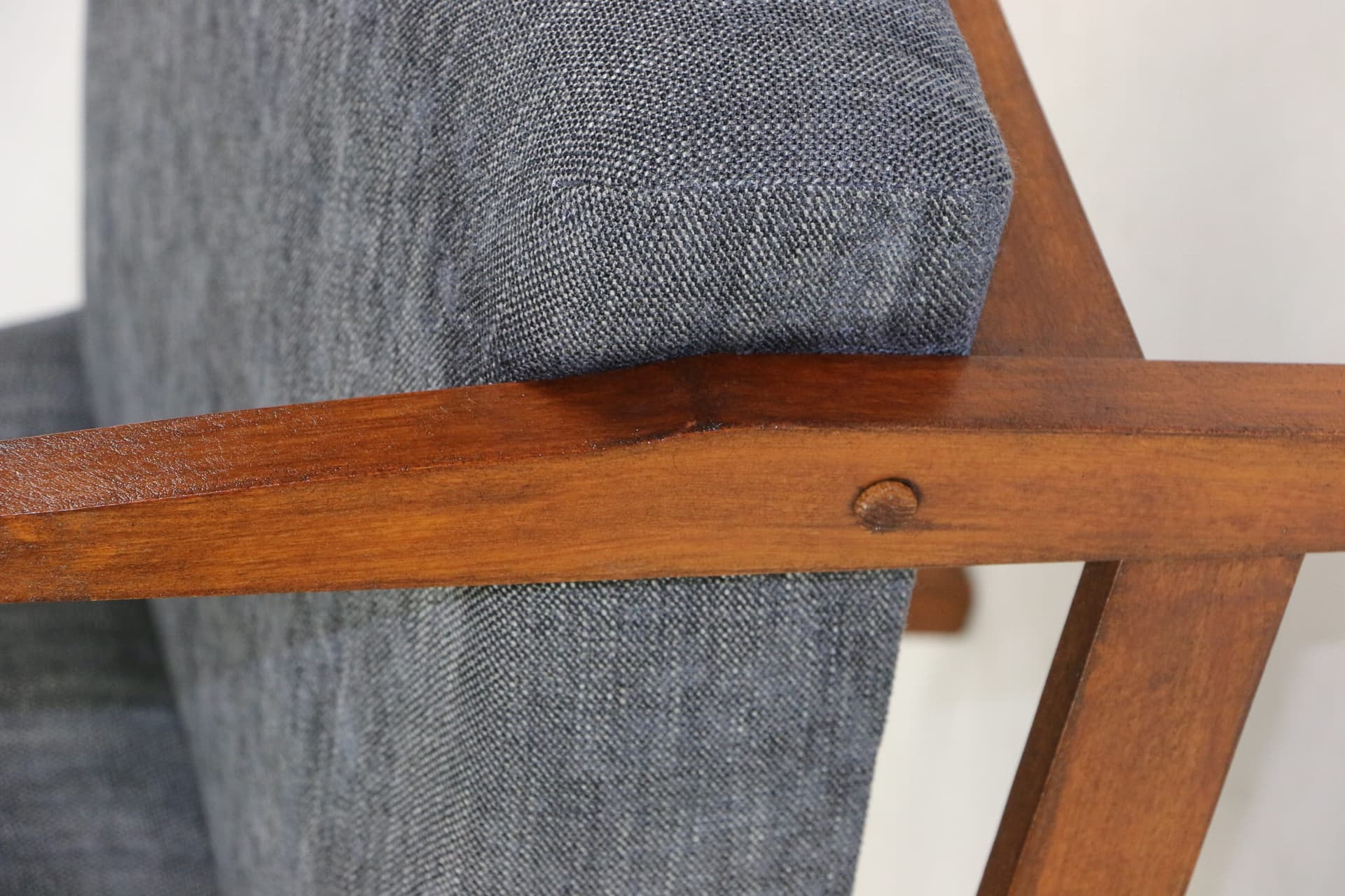 Armchair, grey textured upholstery, wood, 1970s. - 107513