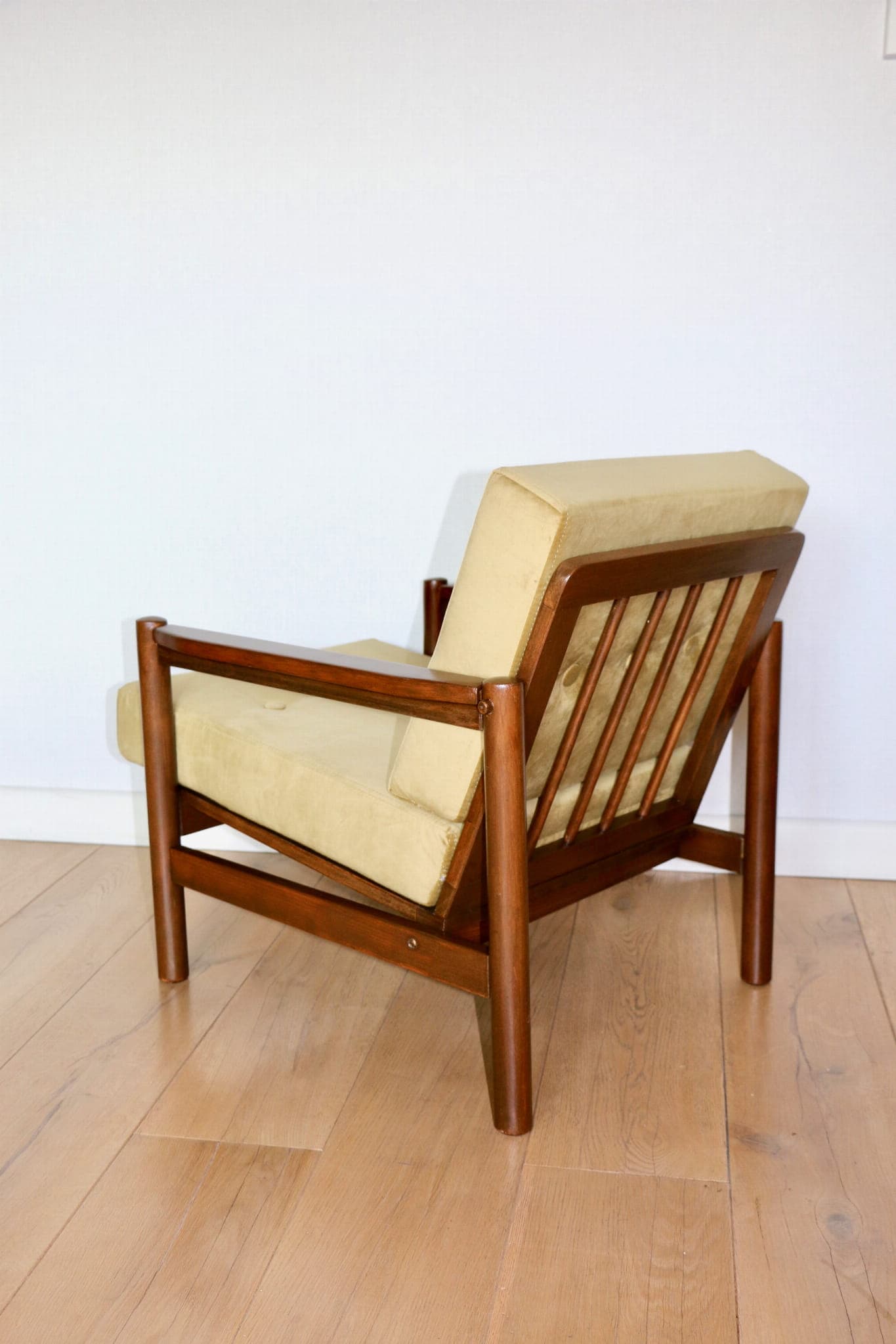 Armchair, yellow-olive velvet, brown beech, by Z. Bączyk, Poland, 1970s. - 107463