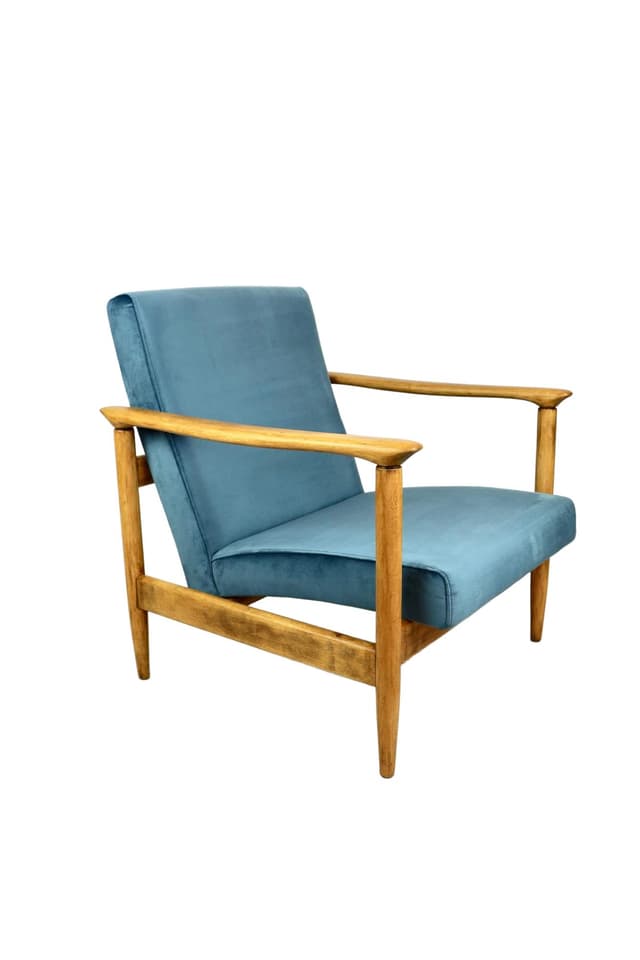 Armchair GFM-142, turquoise velvet, natural wood, by E. Homa, Poland, 1970s. - DIMENSION