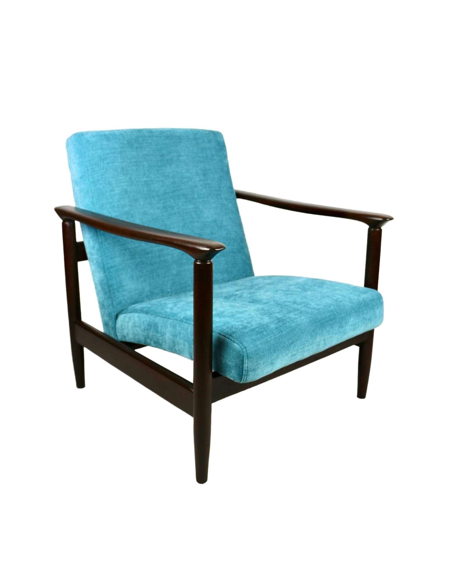 Armchair GFM-142, turquoise, wood, by E. Homa, Poland, 1970s.