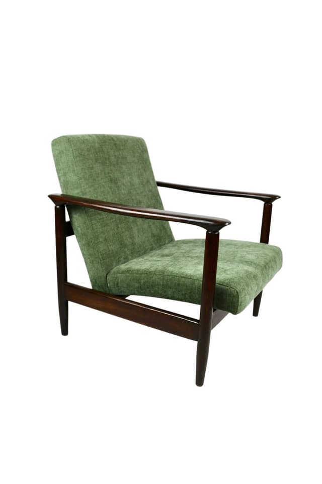 Fotel GFM-142, oliwkowy, drewno brązowe, proj. E. Homa, Polska, lata 70. - WYMIARY