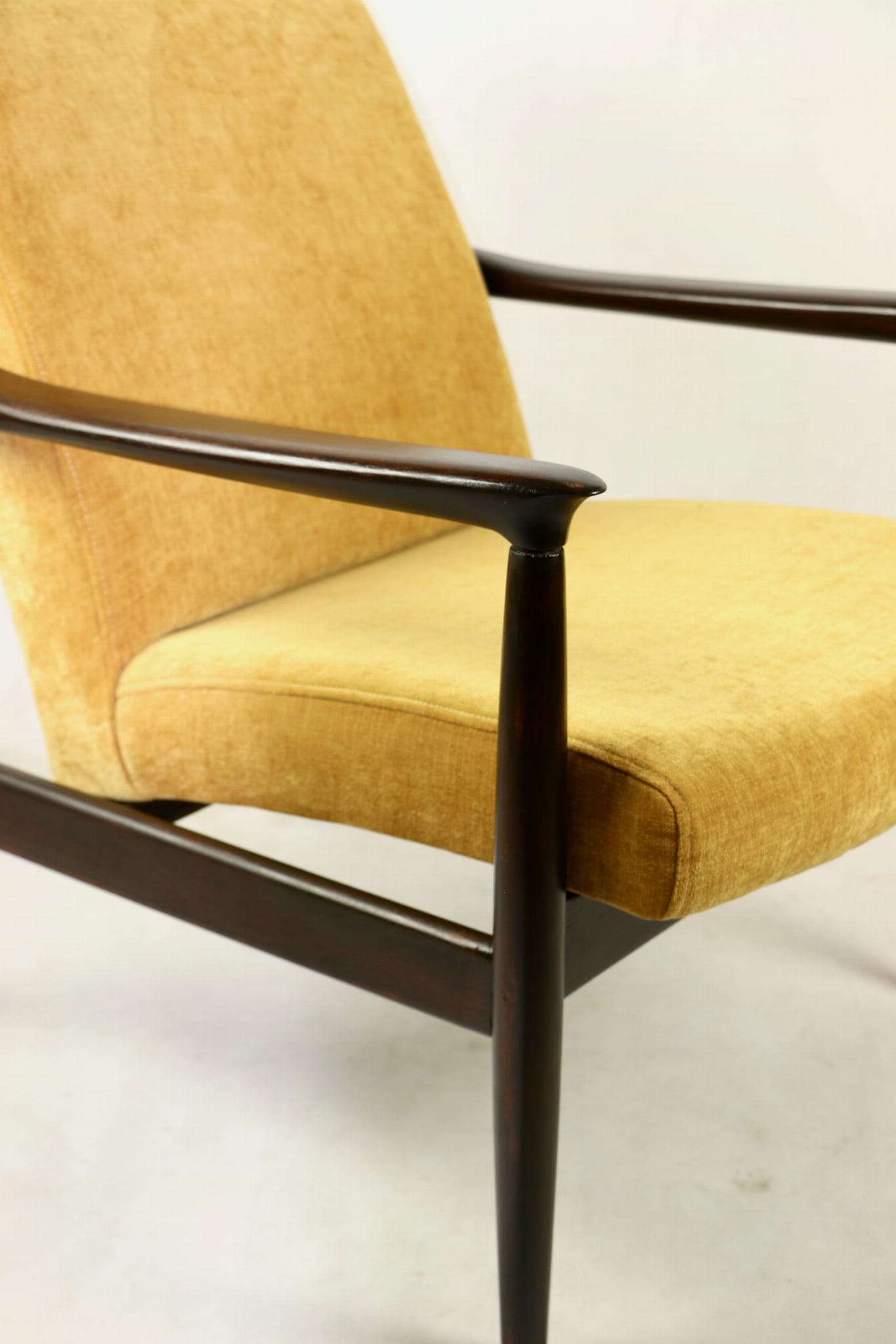 Armchair GFM-64, yellow textured fabric, dark brown wood, by E. Homa, Poland, 1960s. - 107337